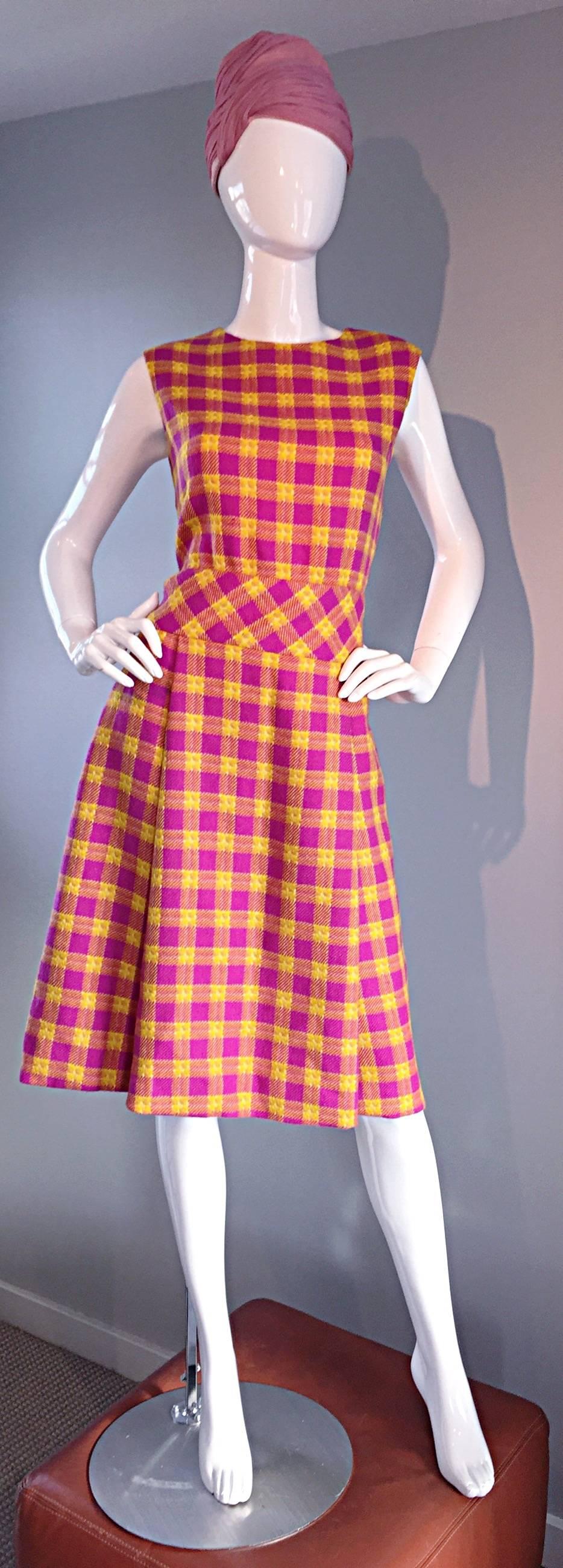 1960s Bill Blass for Maurice Retner Pink + Yellow Plaid A - Line Dress & Jacket In New Condition In San Diego, CA