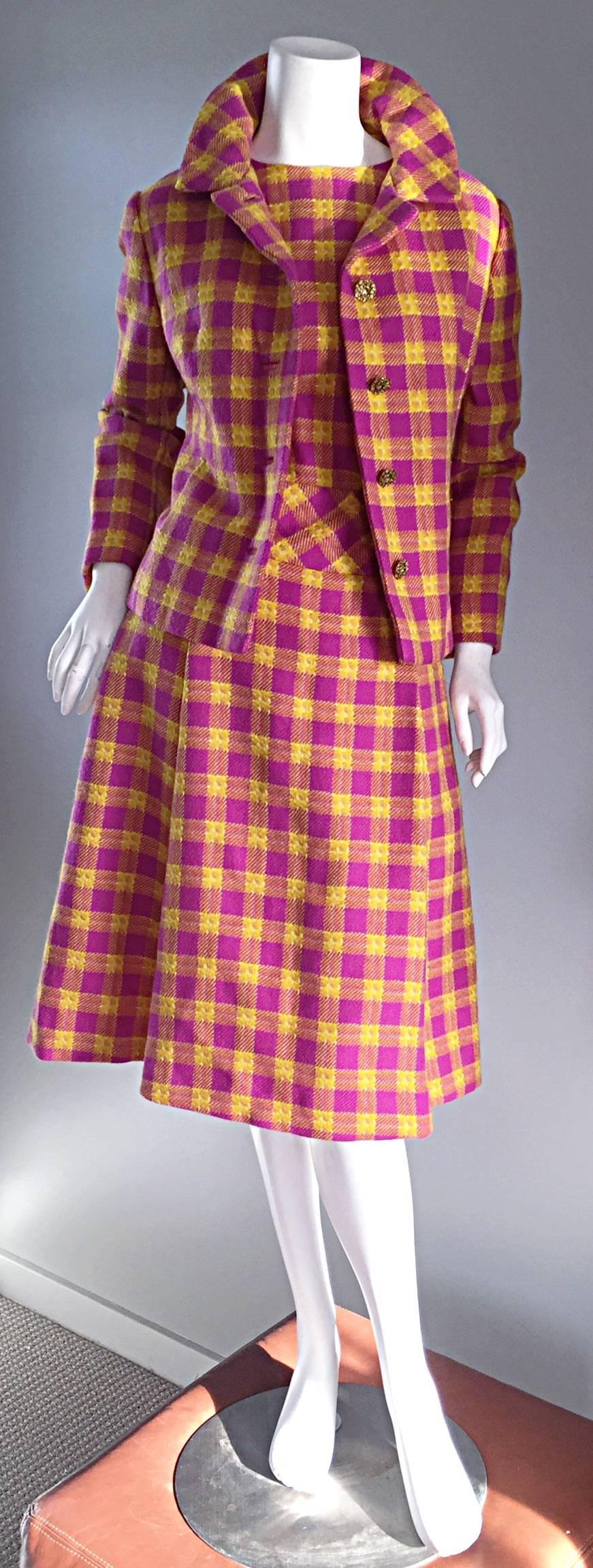 1960s Bill Blass for Maurice Retner Pink + Yellow Plaid A - Line Dress & Jacket 1