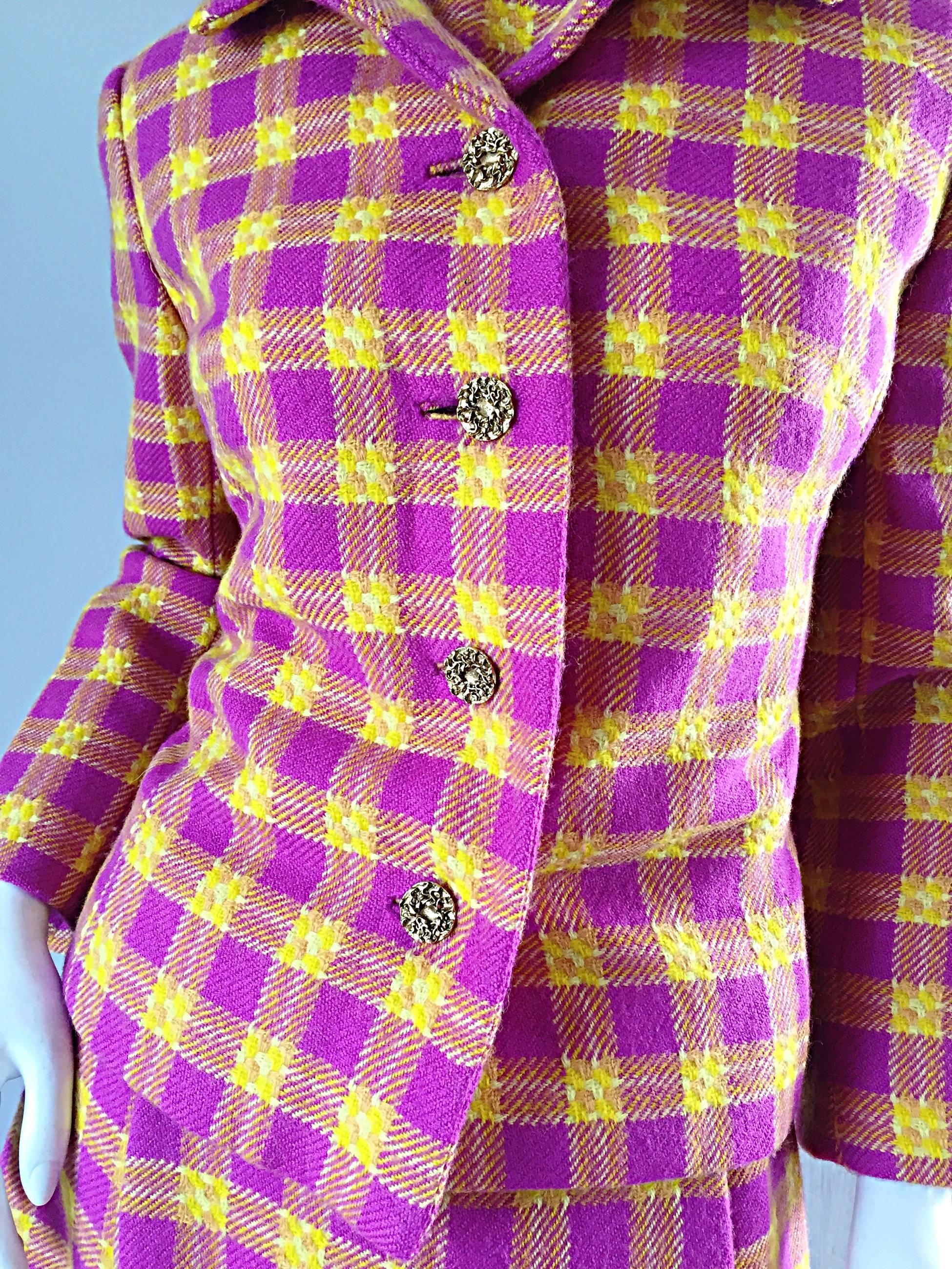 1960s Bill Blass for Maurice Retner Pink + Yellow Plaid A - Line Dress & Jacket 2