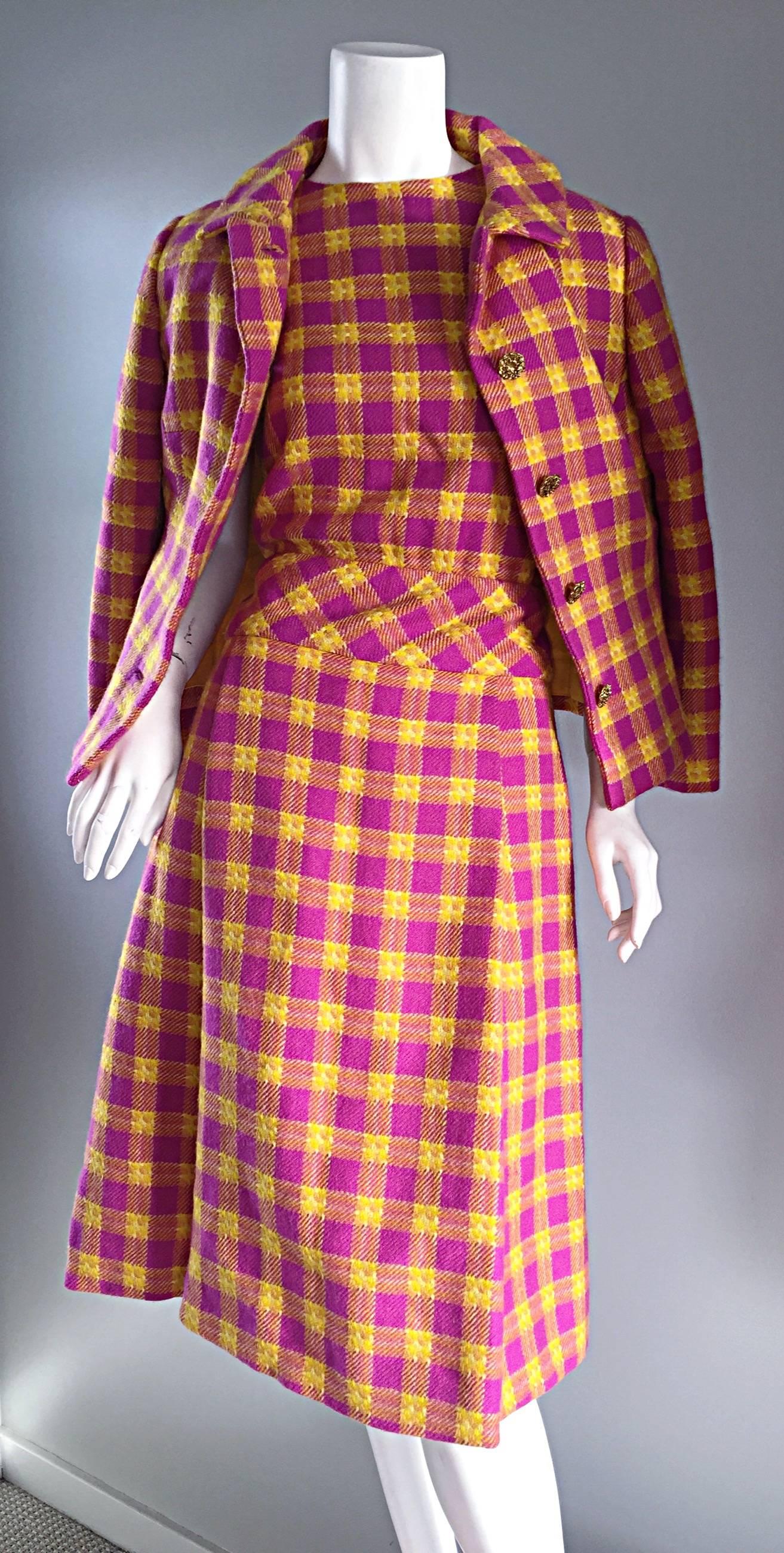 Women's 1960s Bill Blass for Maurice Retner Pink + Yellow Plaid A - Line Dress & Jacket