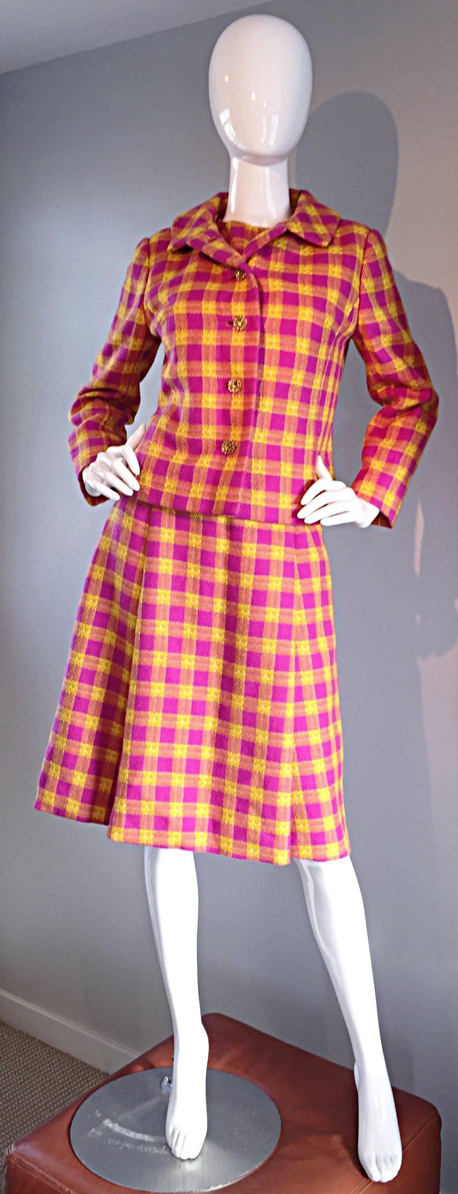 Brand new chic 60s vintage Bill Blass for Maurice Retner fuchsia and yellow plaid A-Line dress, AND matching jacket. BRAND NEW, with original SAKs 5th Ave. tags still attached. Dress is so flattering, and looks amazing on! Impeccable construction,