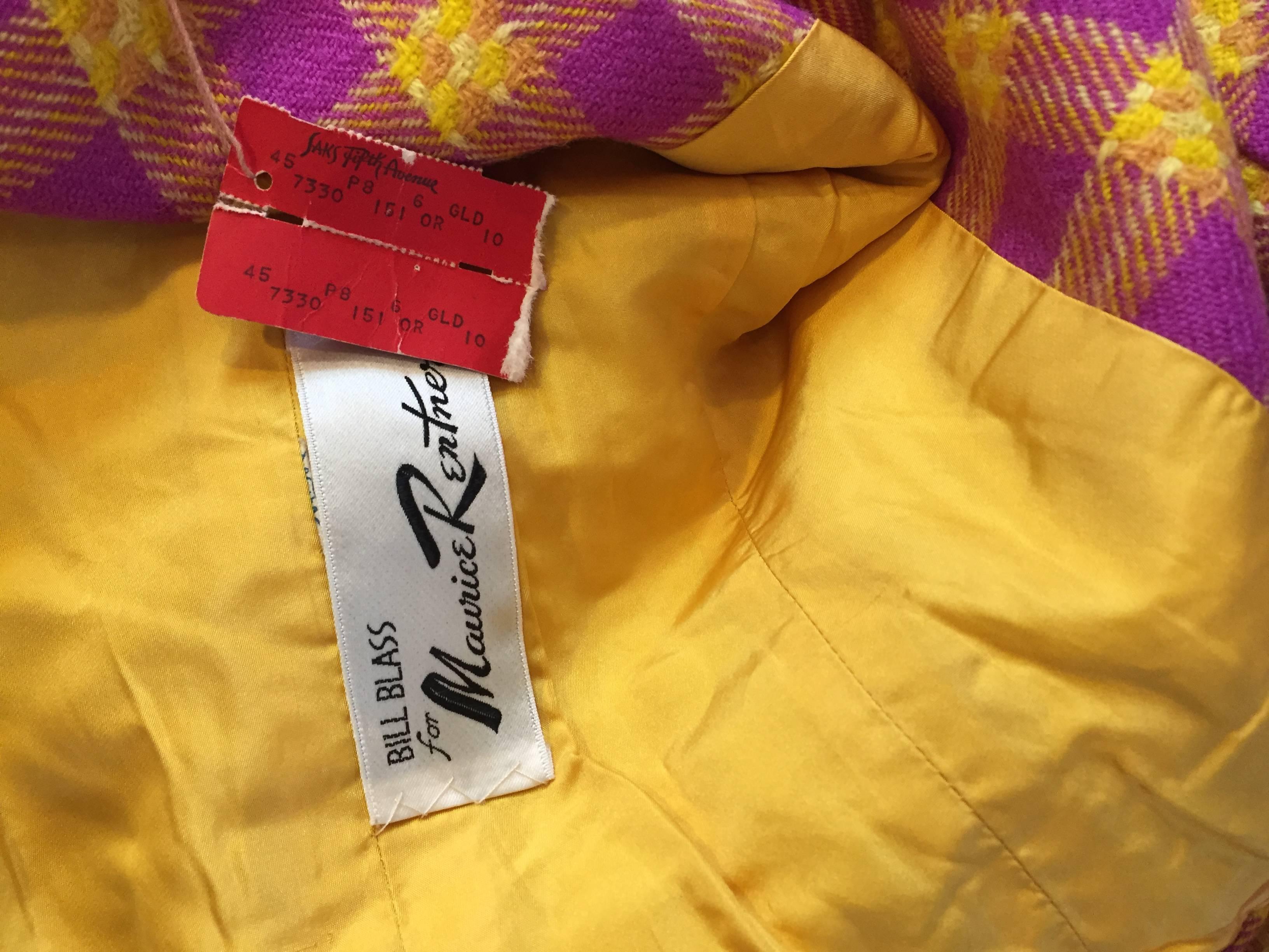 1960s Bill Blass for Maurice Retner Pink + Yellow Plaid A - Line Dress & Jacket 3
