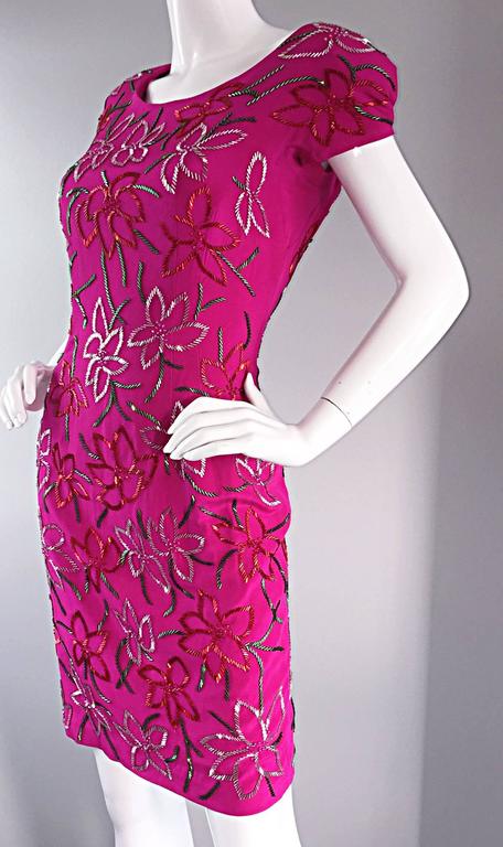 Wonderful Carmen Marc Valvo Early 90s Hot Pink Fuchsia Beaded Vintage Silk Dress