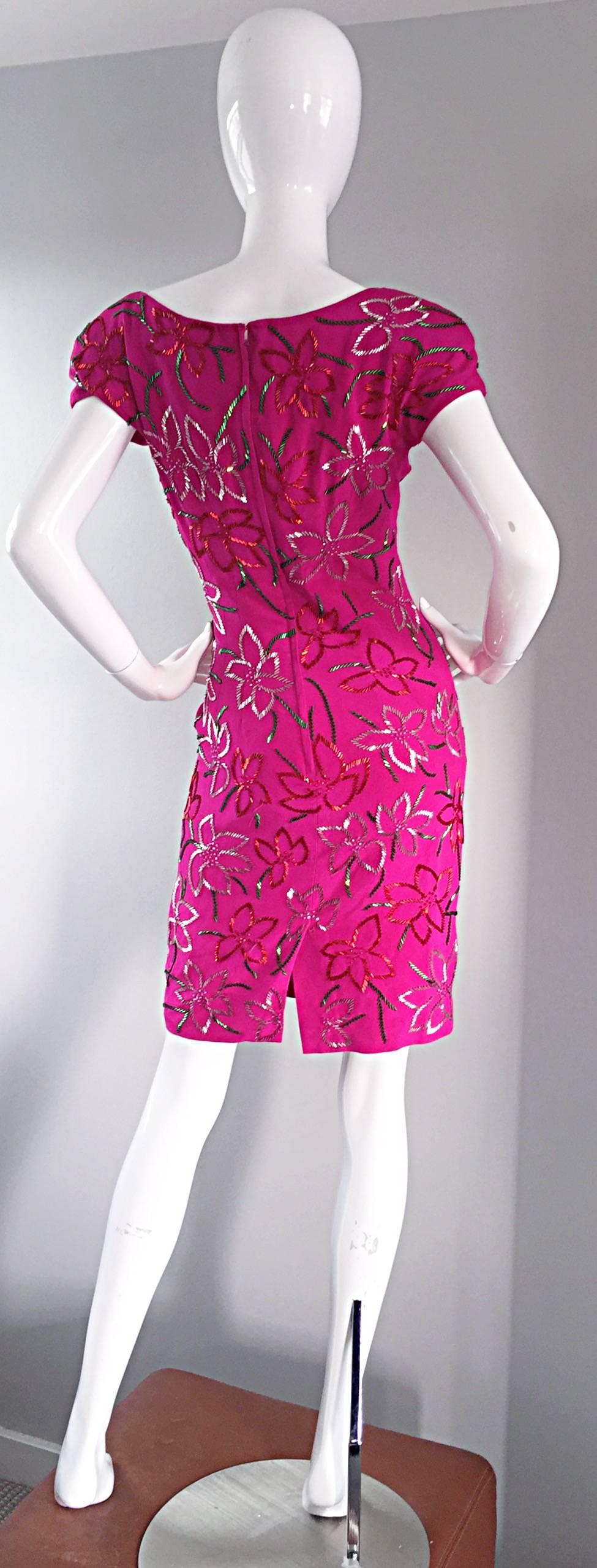 Wonderful Carmen Marc Valvo Early 90s Hot Pink Fuchsia Beaded Vintage Silk Dress For Sale 2