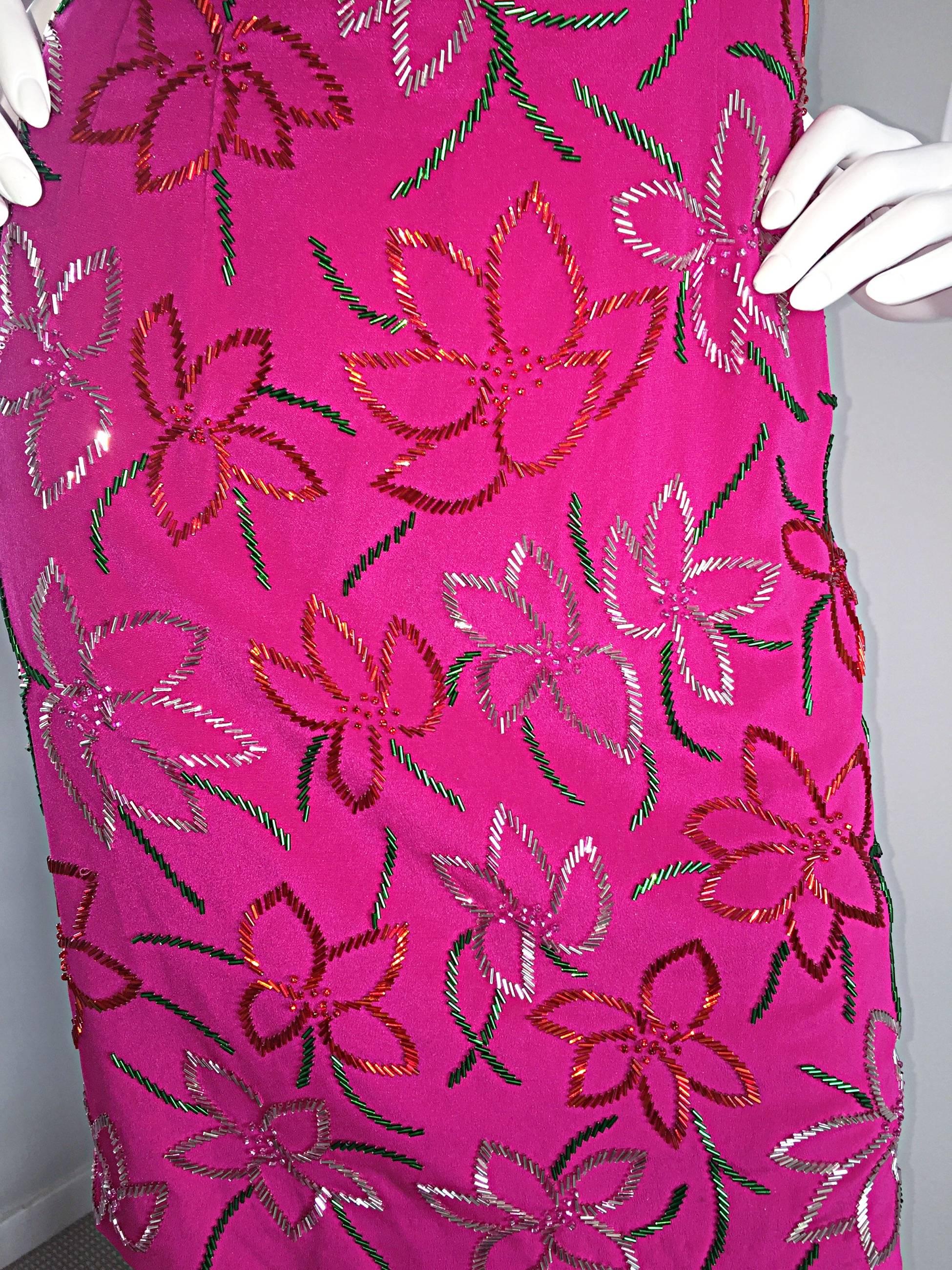 Wonderful Carmen Marc Valvo Early 90s Hot Pink Fuchsia Beaded Vintage Silk Dress In Excellent Condition For Sale In San Diego, CA