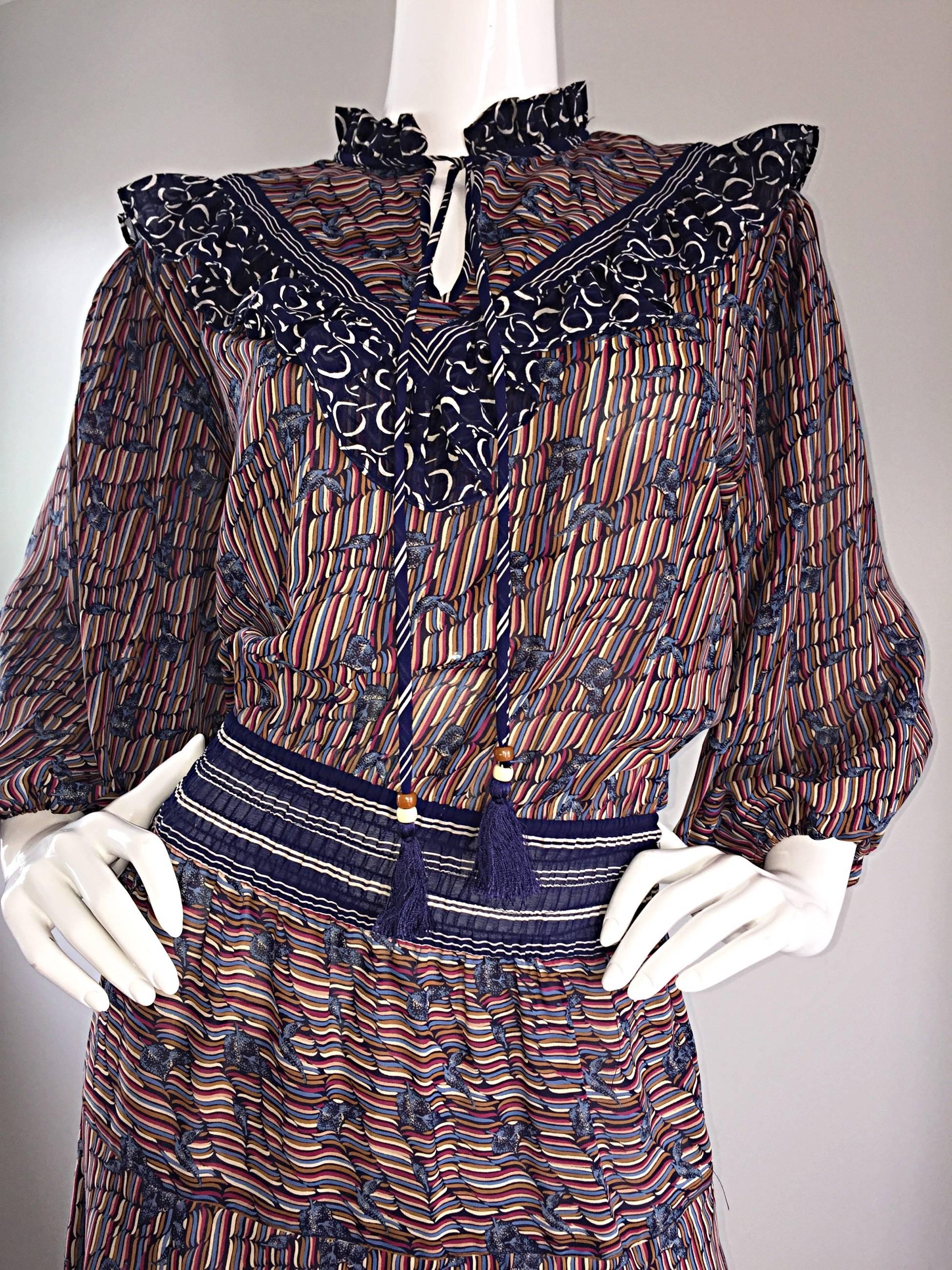 Vintage Diane Freis ' Horsebit + Leaves ' Printed Bohemian / Boho Tassel Dress In Excellent Condition In San Diego, CA