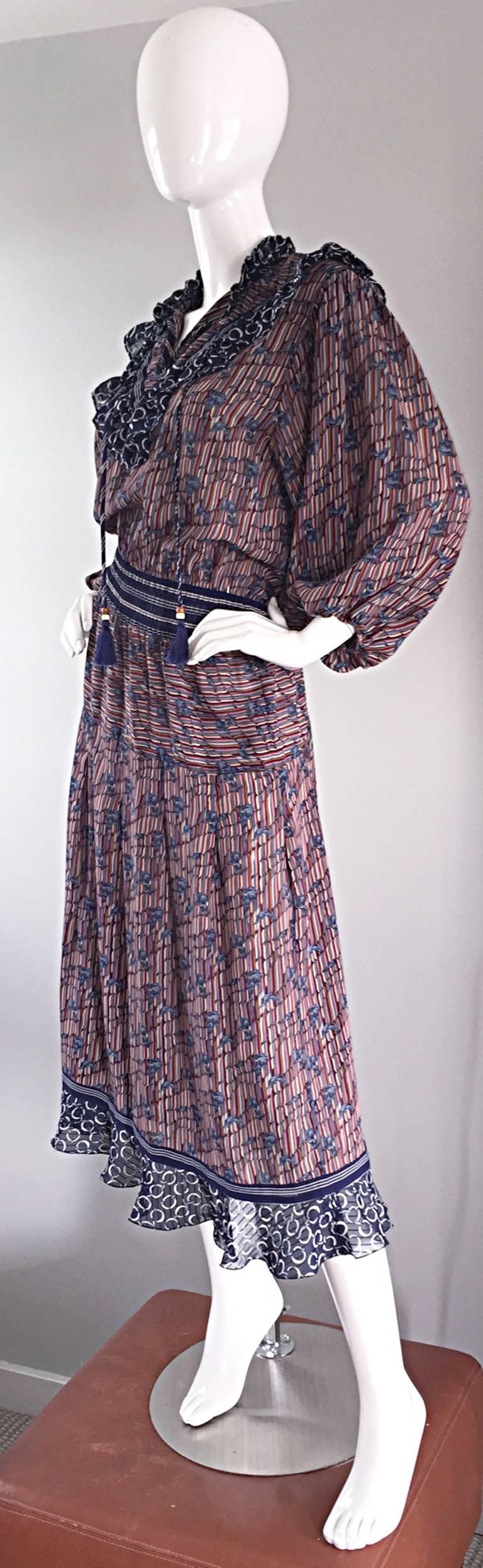 Vintage Diane Freis ' Horsebit + Leaves ' Printed Bohemian / Boho Tassel Dress 2