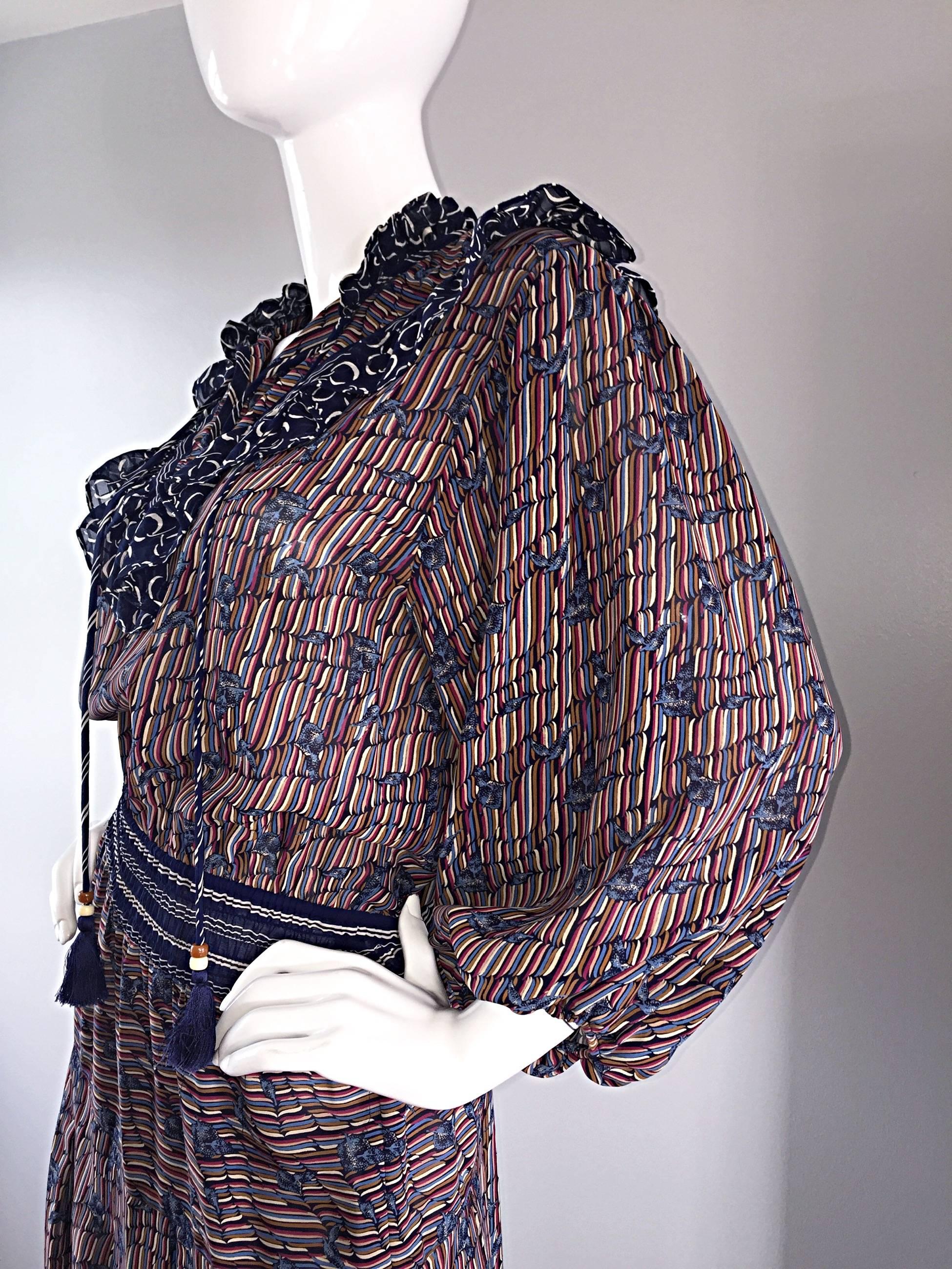 Vintage Diane Freis ' Horsebit + Leaves ' Printed Bohemian / Boho Tassel Dress 1