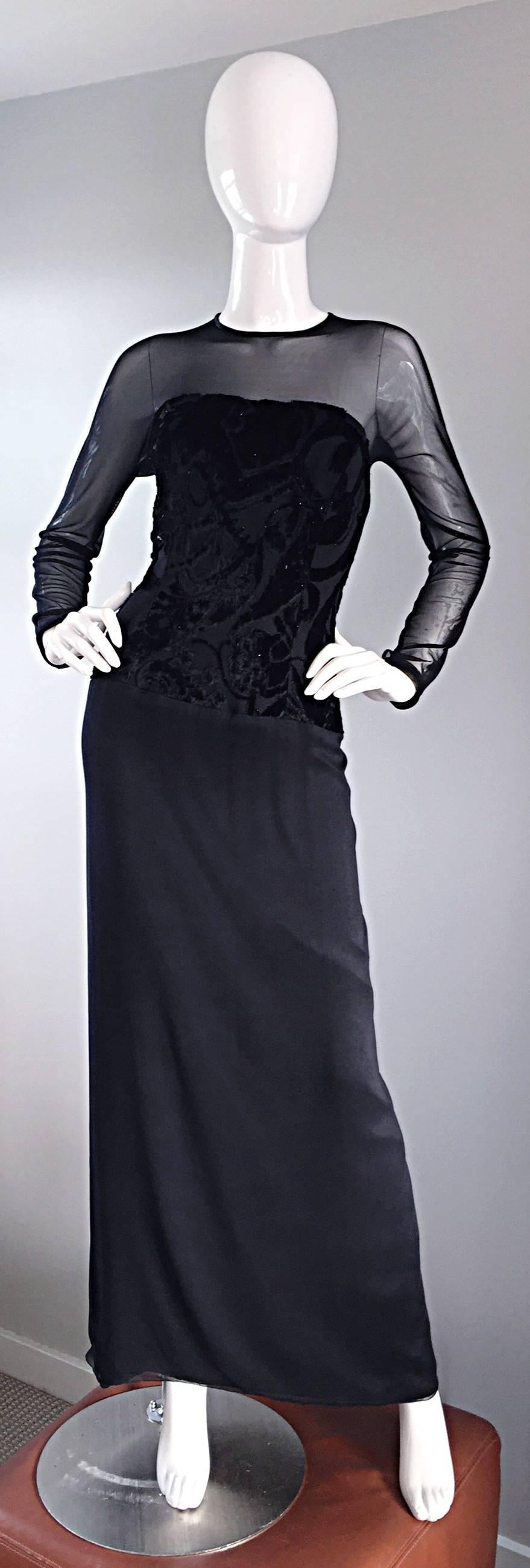 Vintage Michael Casey Couture Size 12 Black Silk Long Sleeve Metallic Dress Gown For Sale 1