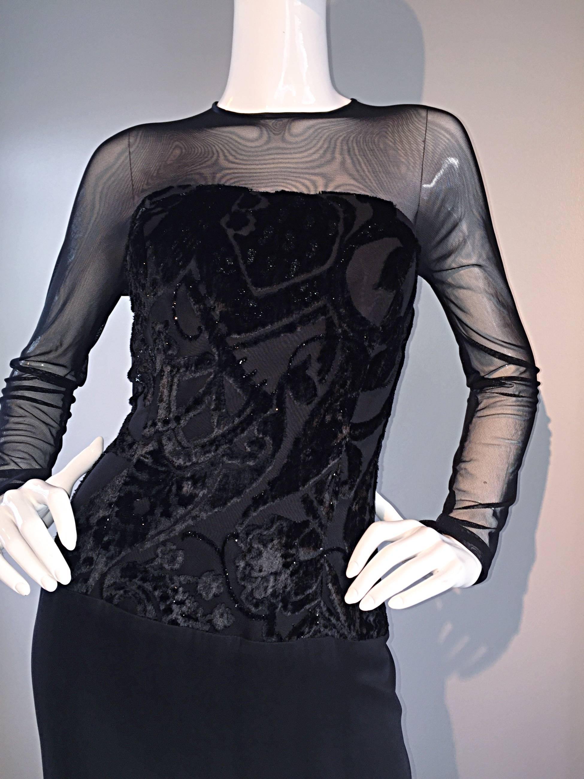 Michael Casey Couture - Robe à manches longues vintage en soie noire métallisée, taille 12 en vente 5