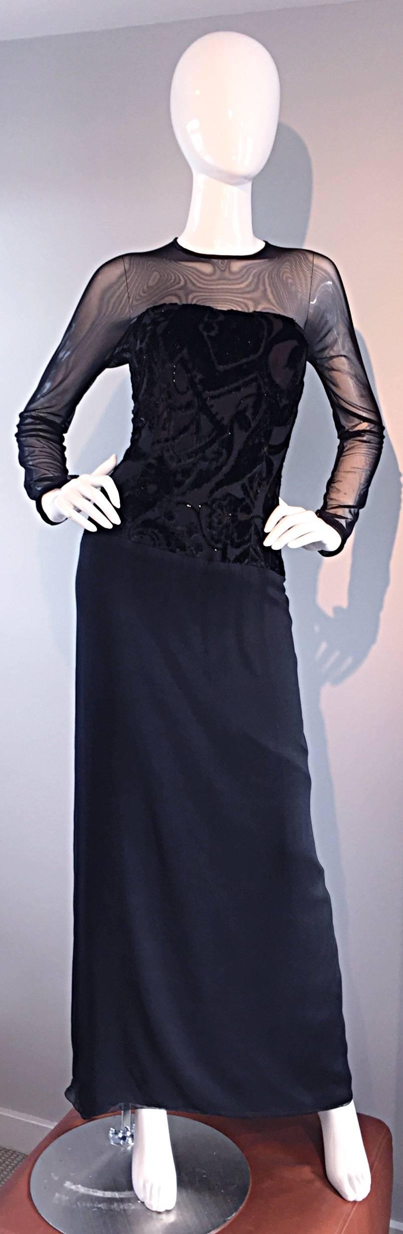 Amazing vintage MICHAEL CASEY COUTURE black silk gown! Features just the right amount of sex appeal, with black mesh at the top bodice (front and back). Ravishing fit, with cut-out back, and rhinestone mock buttons. Black metallic eyelash silk