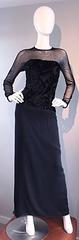 Vintage Michael Casey Couture Talla 12 Vestido de seda negro de manga larga metalizado