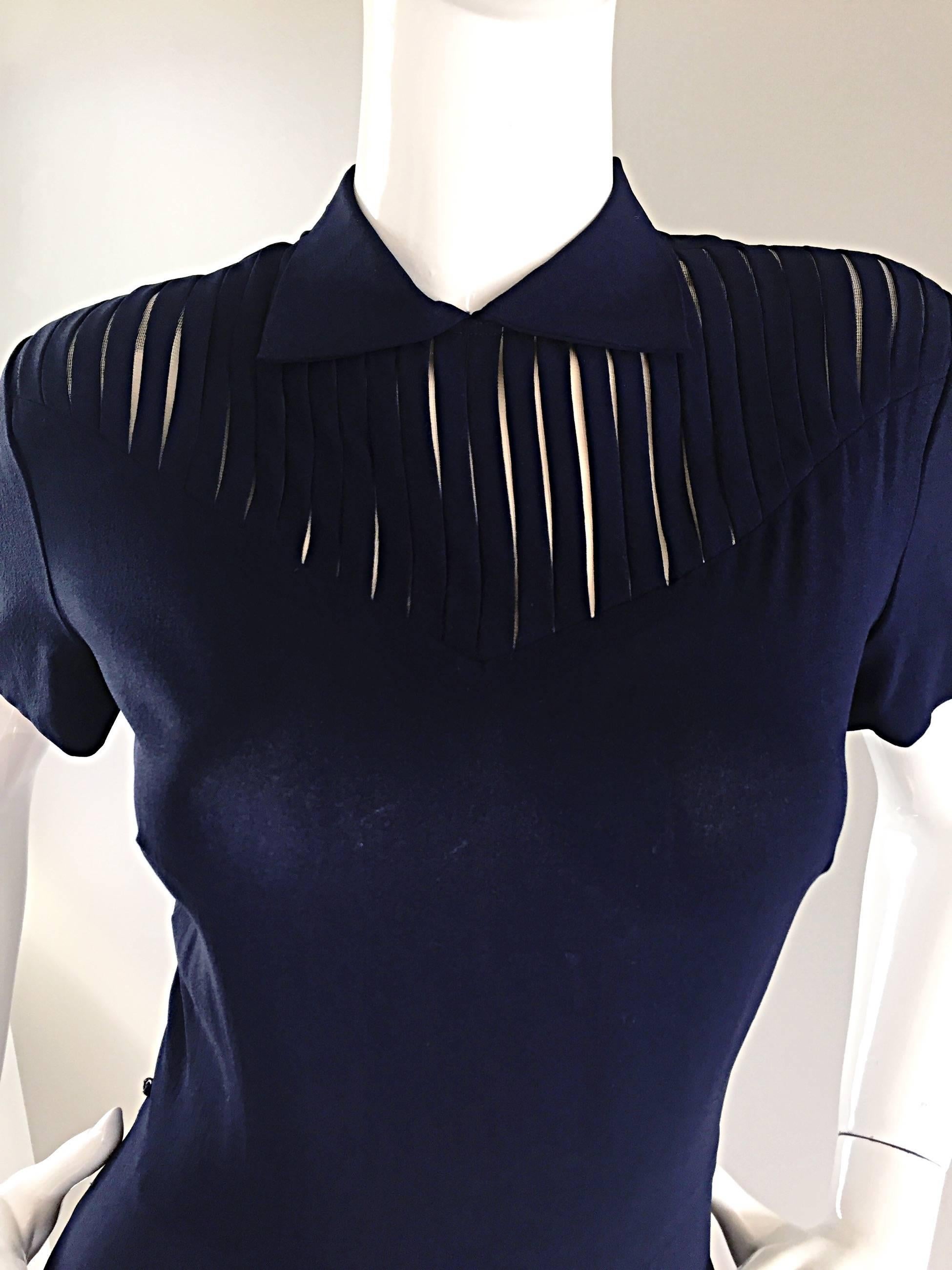 Chic 1940s 40s Navy Blue Crepe + Nude Illusion Vintage Day Dress 2