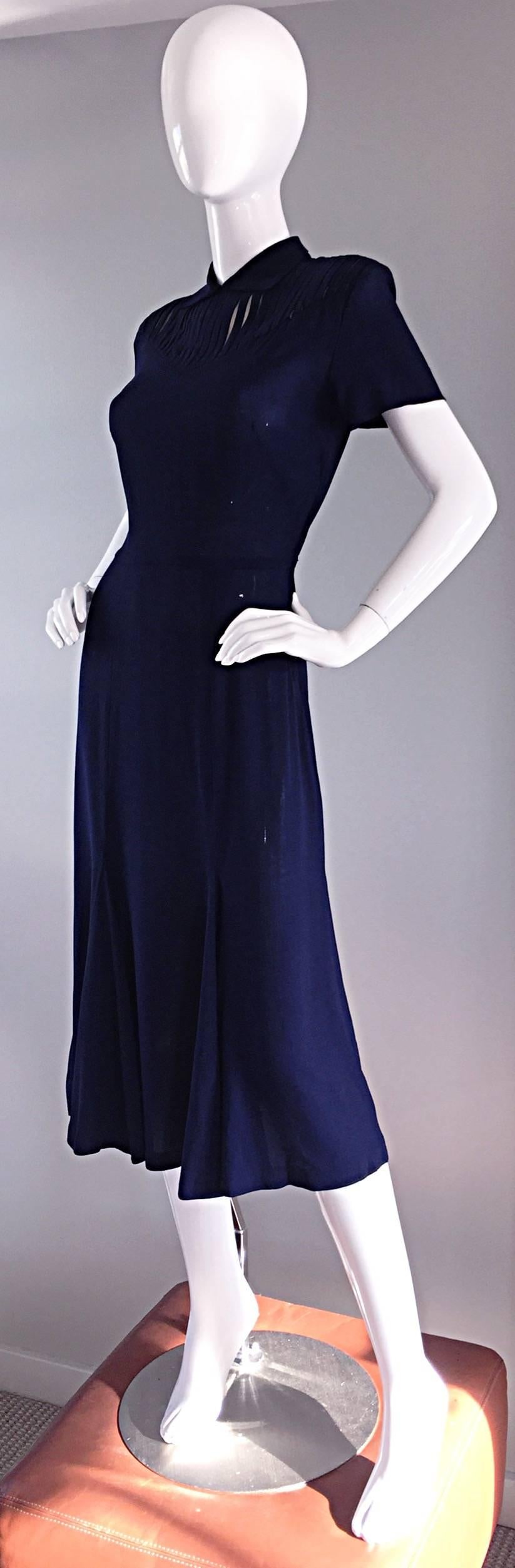 Black Chic 1940s 40s Navy Blue Crepe + Nude Illusion Vintage Day Dress