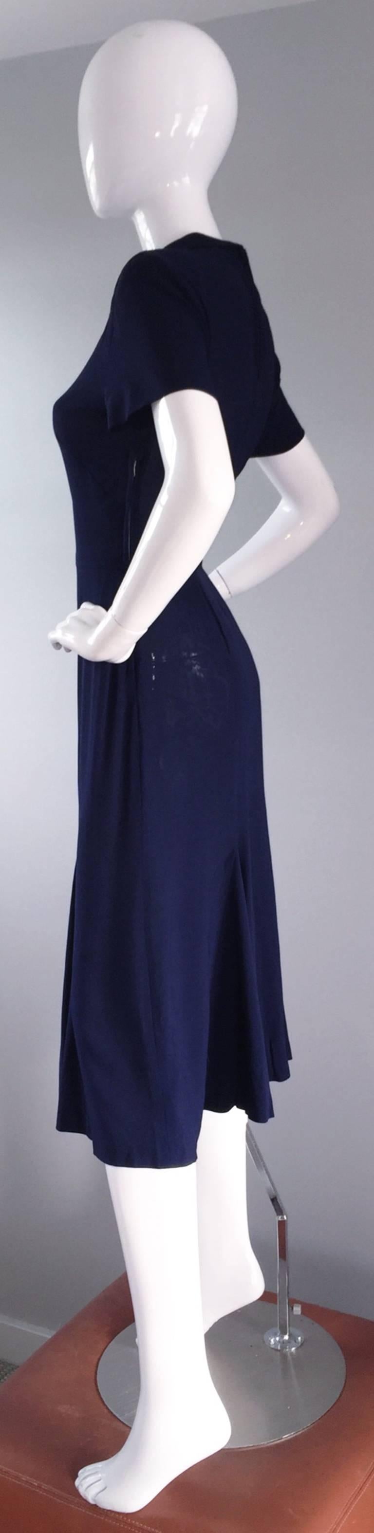 Chic 1940s 40s Navy Blue Crepe + Nude Illusion Vintage Day Dress 3