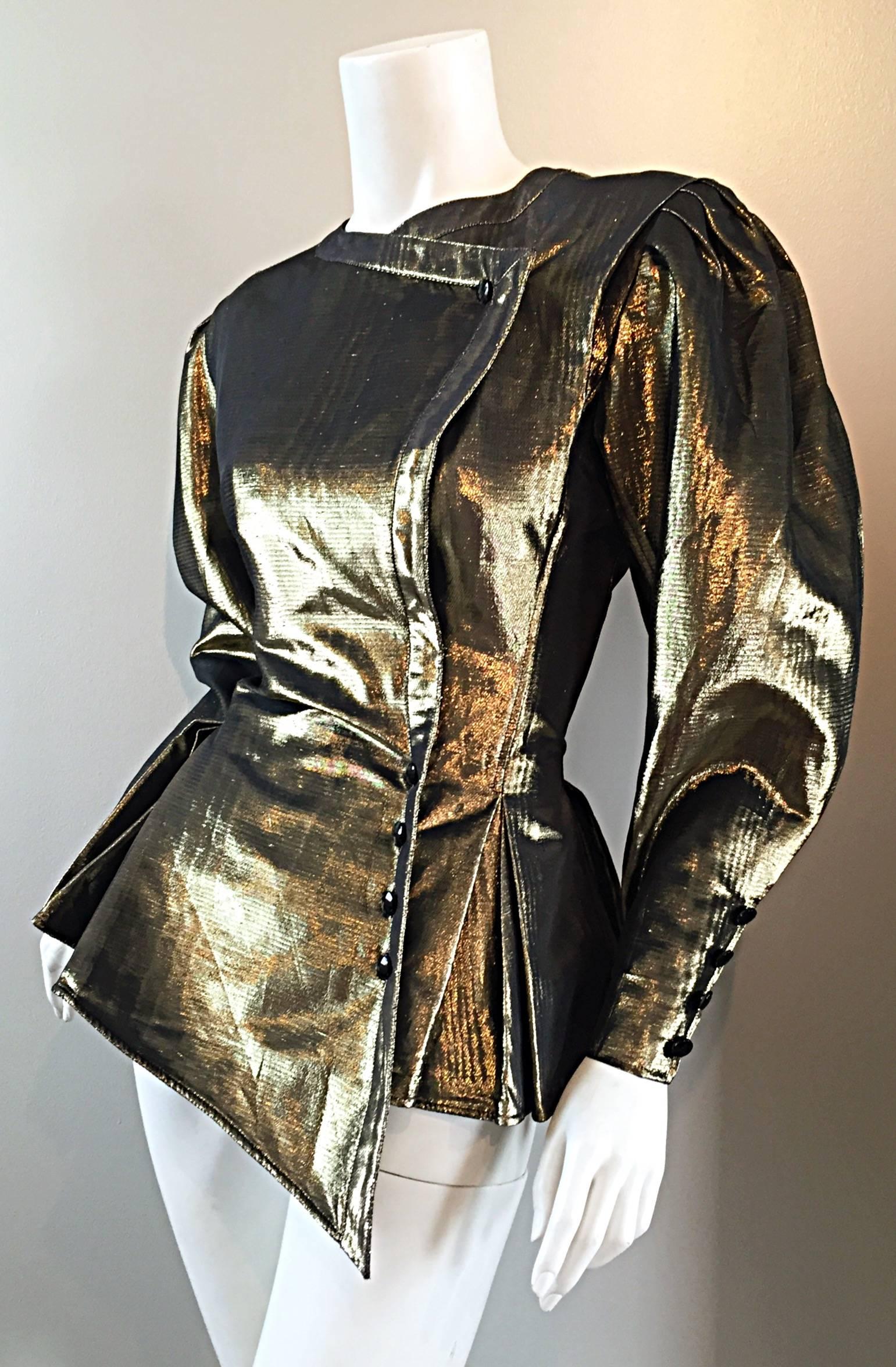 Amazing Vintage Emanuel Ungaro Couture Gold Metallic Avant Garde Peplum Jacket  In Excellent Condition In San Diego, CA