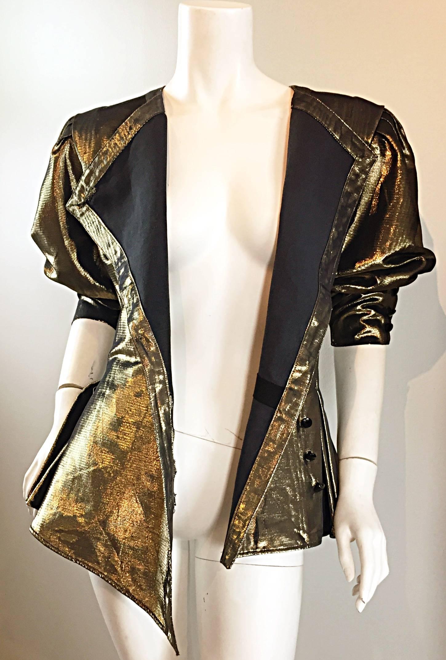 Brown Amazing Vintage Emanuel Ungaro Couture Gold Metallic Avant Garde Peplum Jacket 