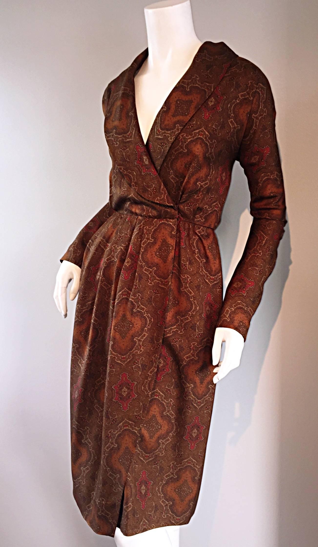 Beautiful Vintage Carolyne Roehm Paisley Silk Autumnal Shawl Collar Wrap Dress 1