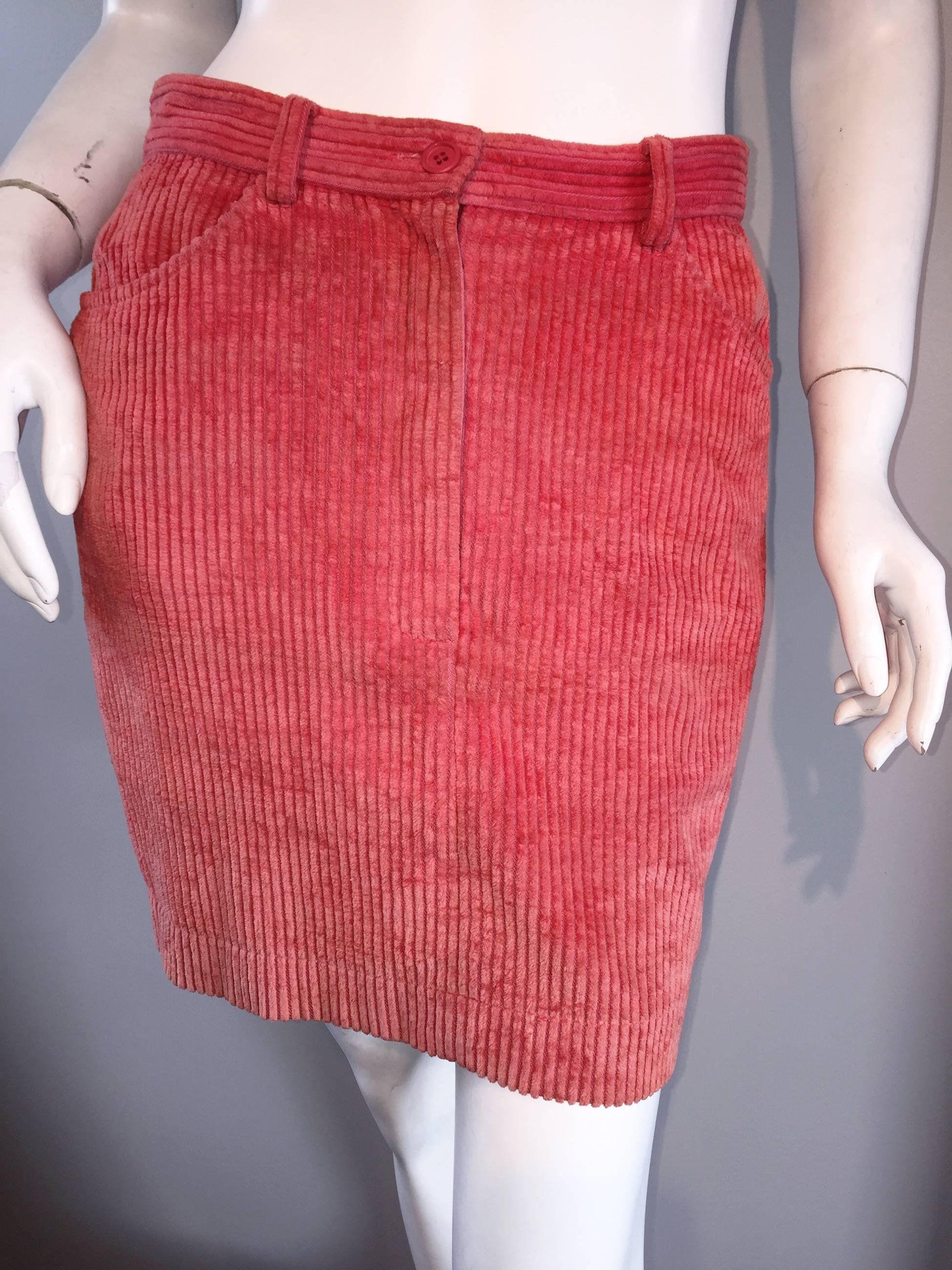 Vintage Kenzo Coral Pink Corduroy 1980s 80s Mini Skirt  For Sale 1
