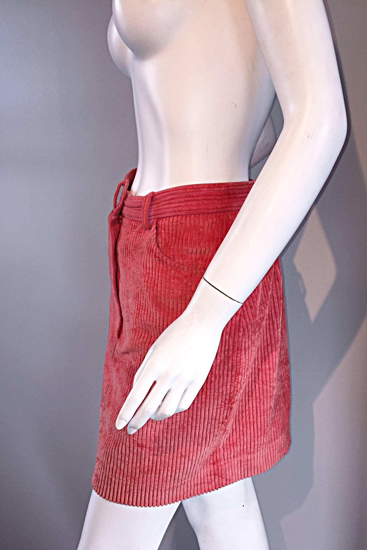 Vintage Kenzo Coral Pink Corduroy 1980s 80s Mini Skirt  In Excellent Condition For Sale In San Diego, CA