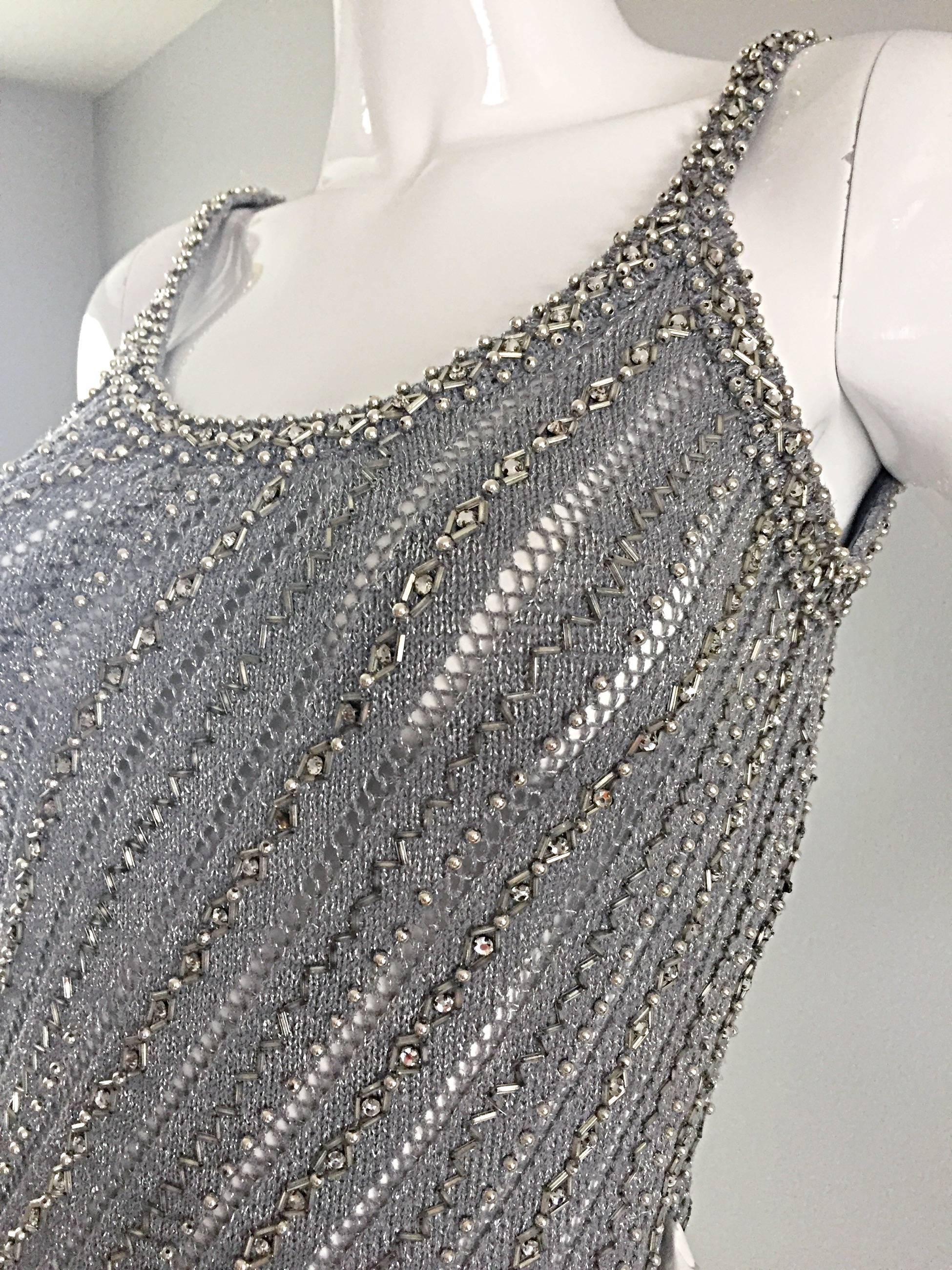 Vintage Malcolm Starr by Rizkallah 1970s 70s Grey Beaded Rhinestone Crochet Top In Excellent Condition In San Diego, CA