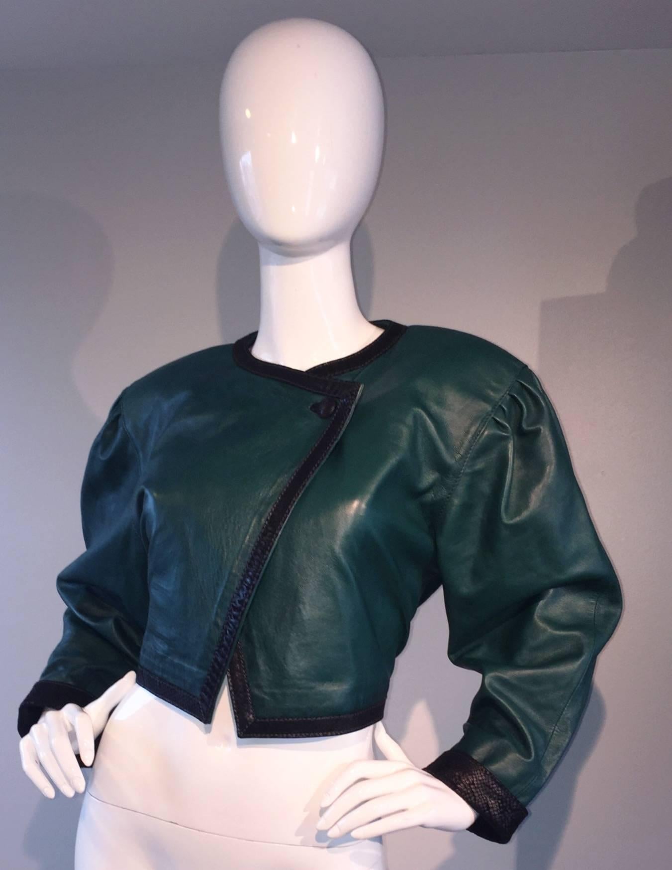 Amazing vintage 80s Filippo Burgio, of Florence Italy, Tulipano Leather cropped bolero jacket! Awesome Avant Garde style, with black snakeskin embossed trim on bodice, collar, and sleeve cuffs. Soft leather, with dramatic sleeves. Interior button,