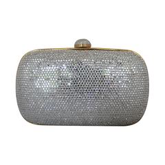 Judith Leiber Silver Rhinestone Minaudiere with Gold Strap