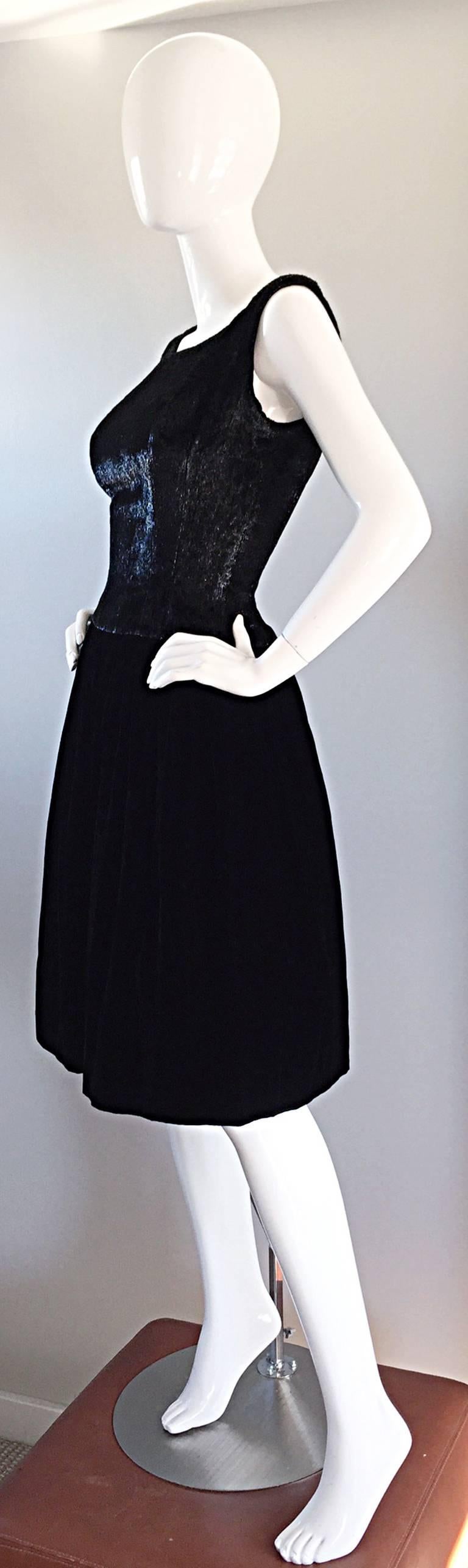 New 1950s Suzy Perette Vintage 50s Black Velvet ' Wet Look ' Cocktail Dress For Sale 3