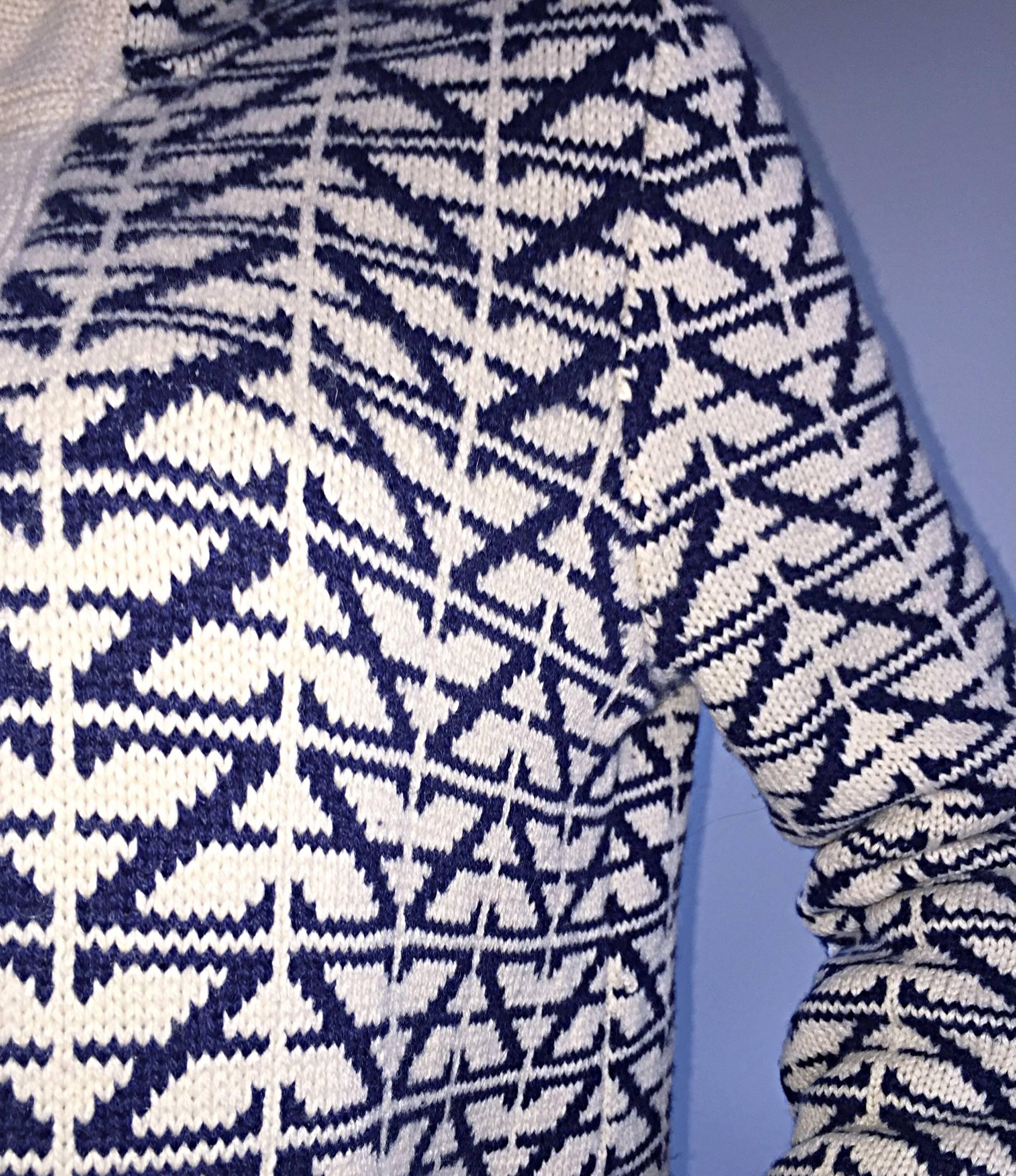 Zac Posen Navy + Ivory Cashmere Hooded Cardigan Sweater w/ Signature ' Z ' Print 1