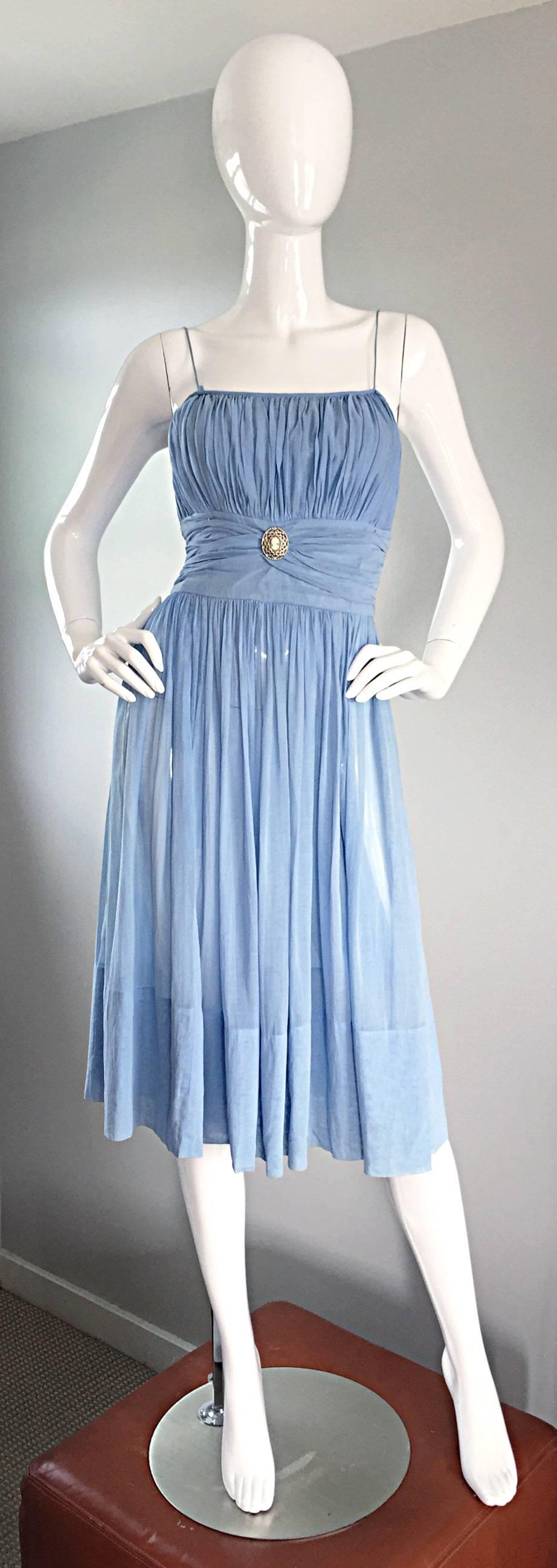 Women's Chic 1950s 50s Light Pale Blue Cotton Pleated Ruched Full Skirt Dress, w/ Cameo 