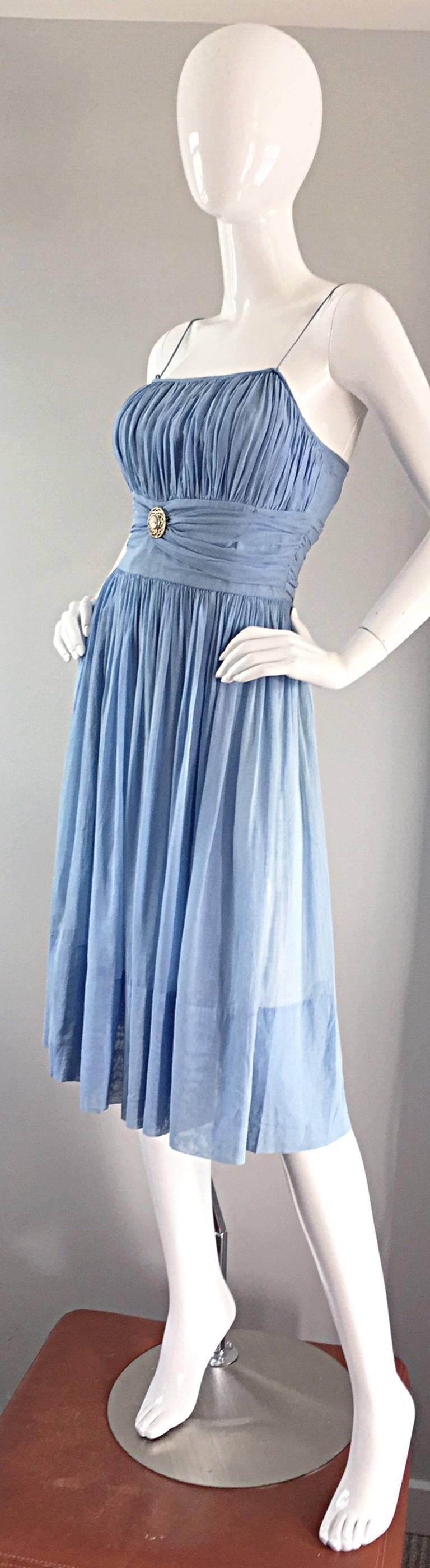 Chic 1950s 50s Light Pale Blue Cotton Pleated Ruched Full Skirt Dress, w/ Cameo  2