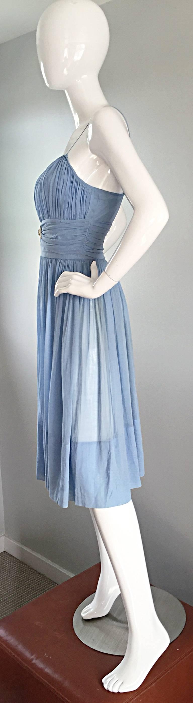 Chic 1950s 50s Light Pale Blue Cotton Pleated Ruched Full Skirt Dress, w/ Cameo  3