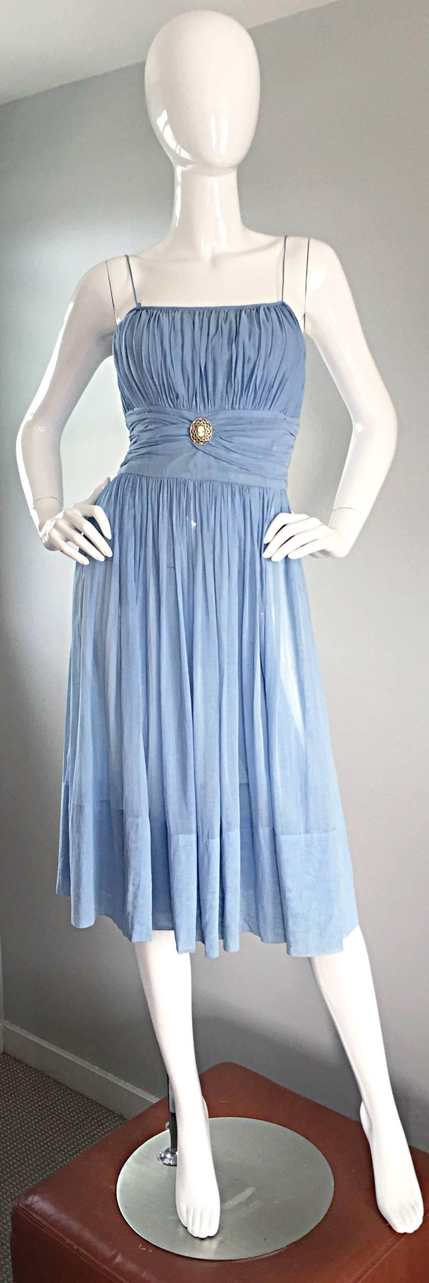 Chic 1950s 50s Light Pale Blue Cotton Pleated Ruched Full Skirt Dress, w/ Cameo  In Excellent Condition In San Diego, CA