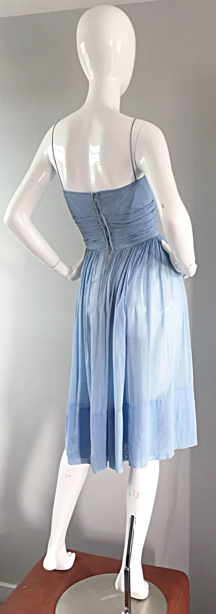 Gray Chic 1950s 50s Light Pale Blue Cotton Pleated Ruched Full Skirt Dress, w/ Cameo 