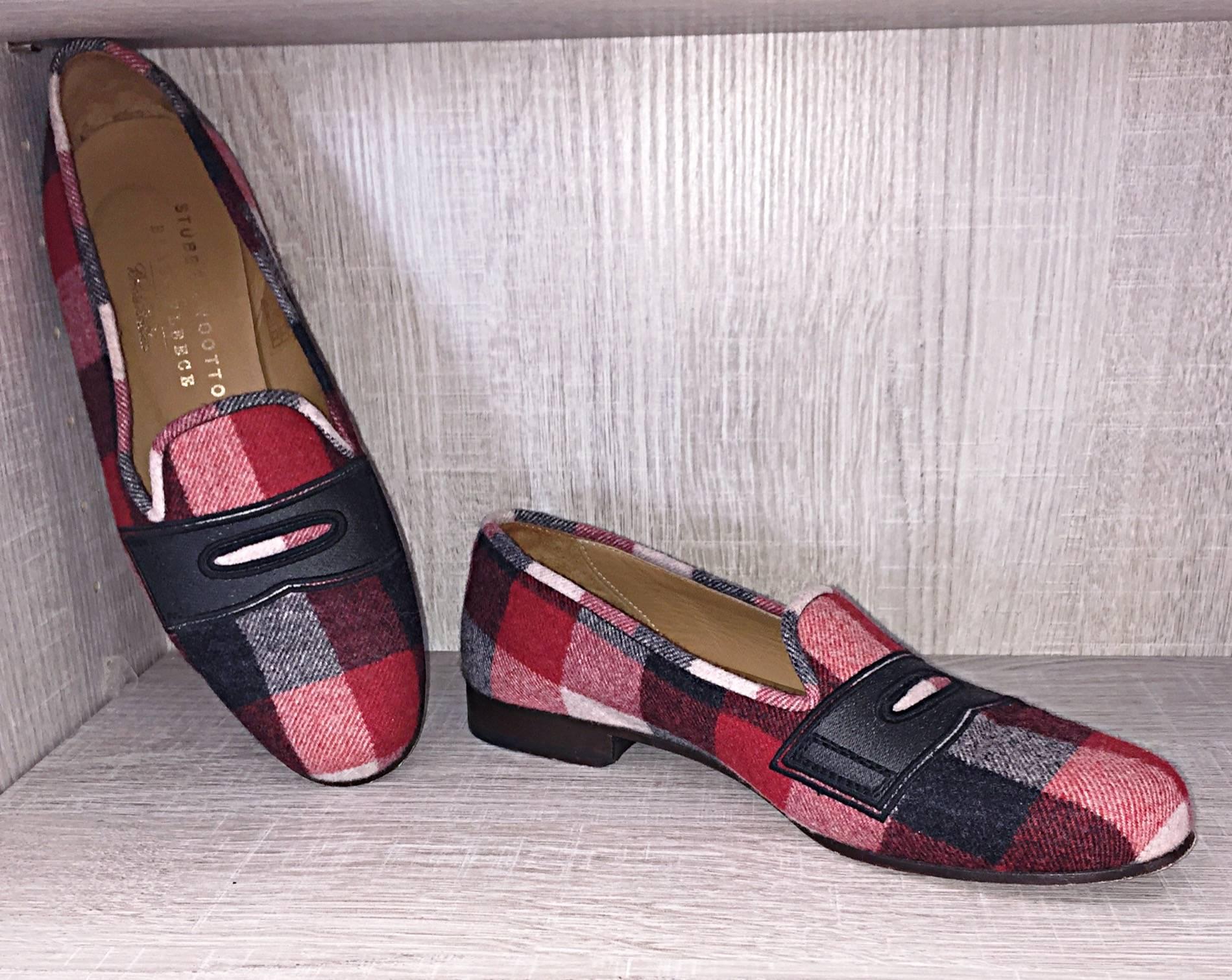 Rare, and very chic STUBBS and WOOTTON for Black Fleece slippers! Red, white and blue plaid, with penny loafer details on a dinner slipper! Unique, yet utterly classic. Designed for Black Fleece, by Thom Browne...This collection sold out in a