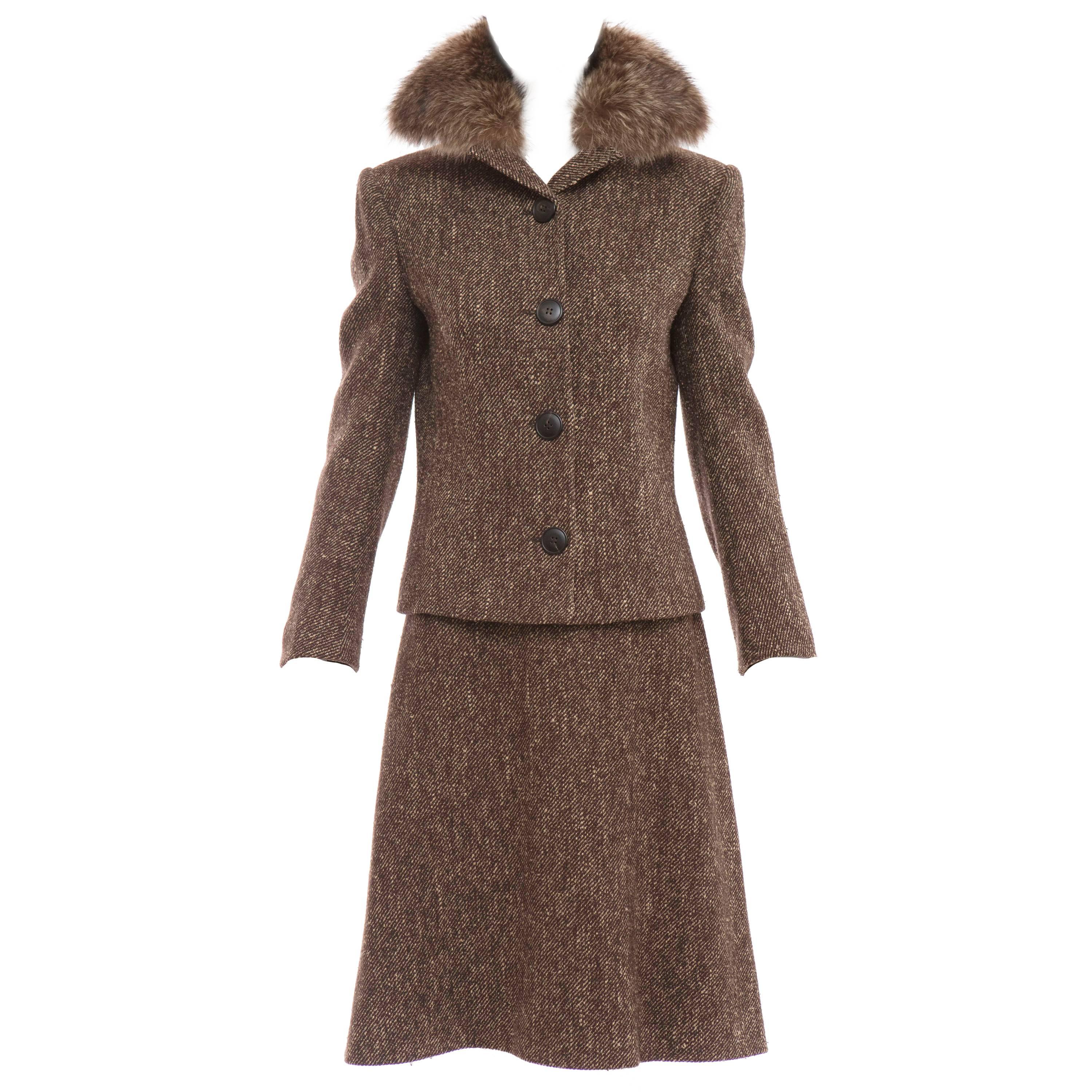 Dolce & Gabbana Brown Tweed Skirt Suit With Fur Collar For Sale