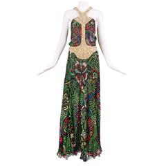 Missoni Silk Chiffon Foral Printed Halter Neck Evening Dress w/Beaded Trim