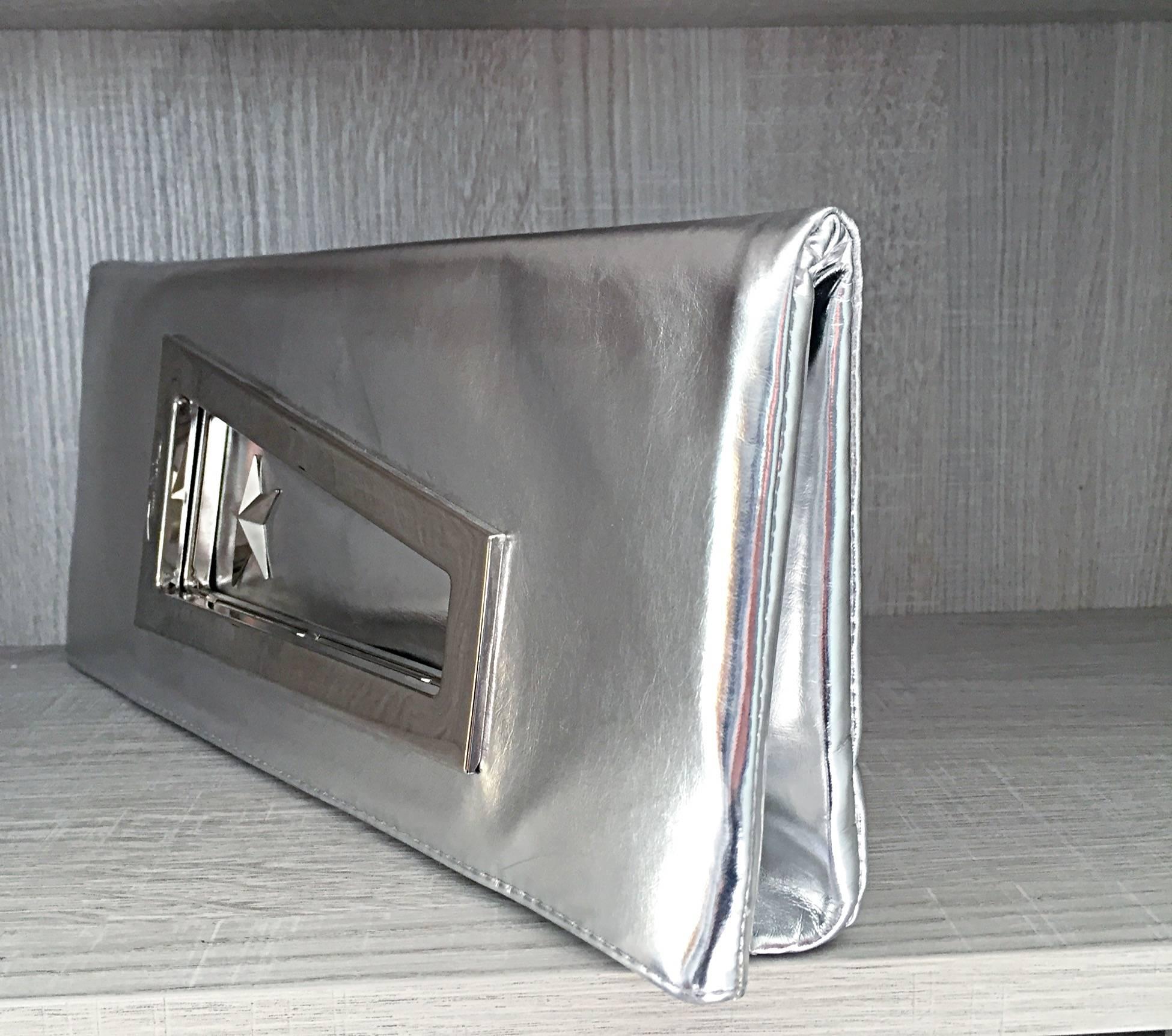 large silver clutch bag