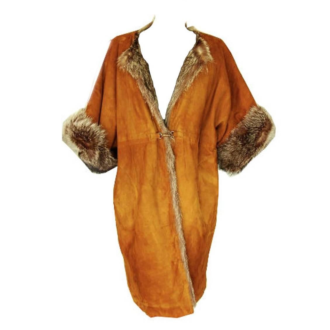 Ultra Rare Bonnie Cashin Sills Reversible Gold Suede and Raccoon Fur Coat 60s