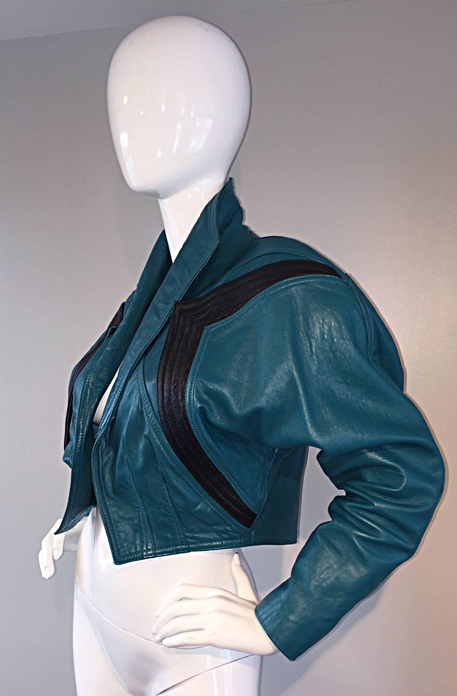 Avant Garde Kelli Kouri Leder Vintage Teal Blau + Schwarz Gekürzte Bolero Jacke 3