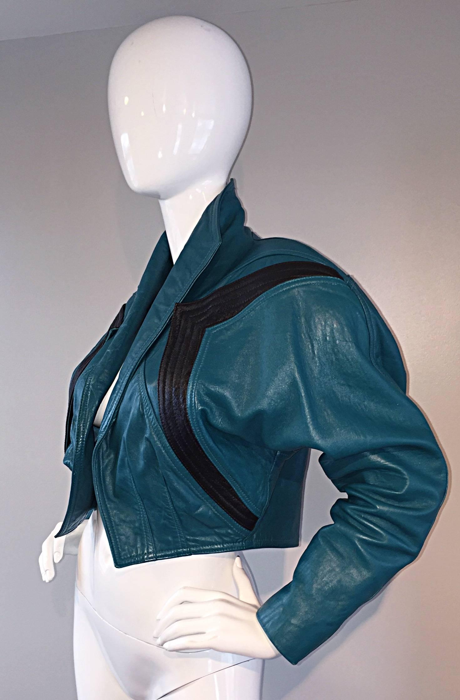 Women's Avant Garde Kelli Kouri Leather Vintage Teal Blue + Black Cropped Bolero Jacket