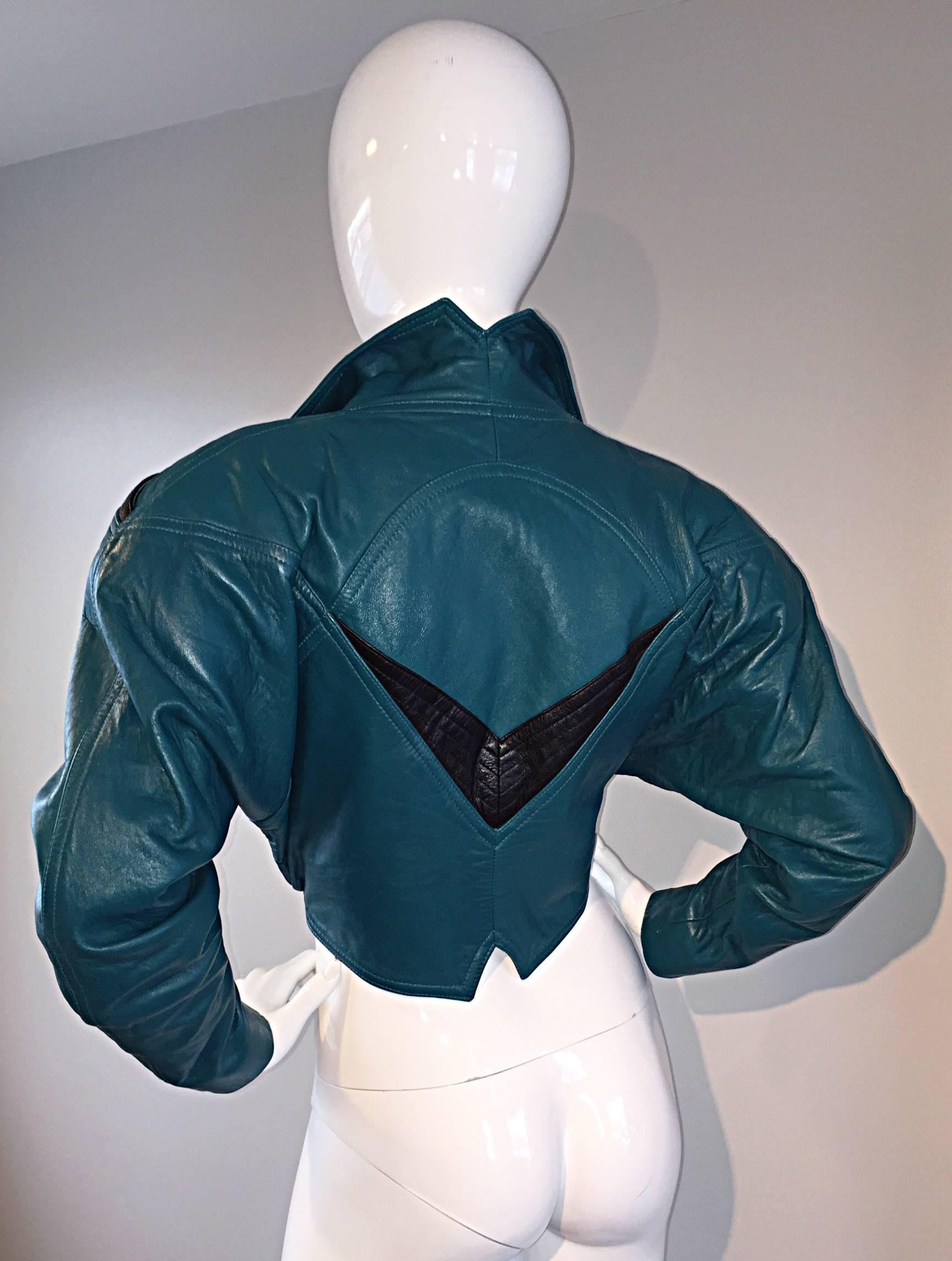 Avant Garde Kelli Kouri Leather Vintage Teal Blue + Black Cropped Bolero Jacket 2