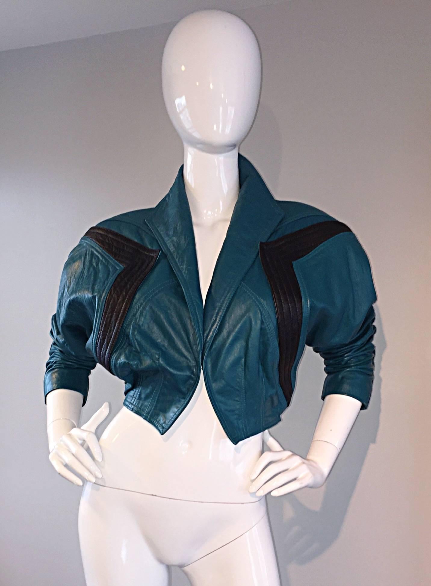 Avant Garde Kelli Kouri Leather Vintage Teal Blue + Black Cropped Bolero Jacket In Excellent Condition In San Diego, CA