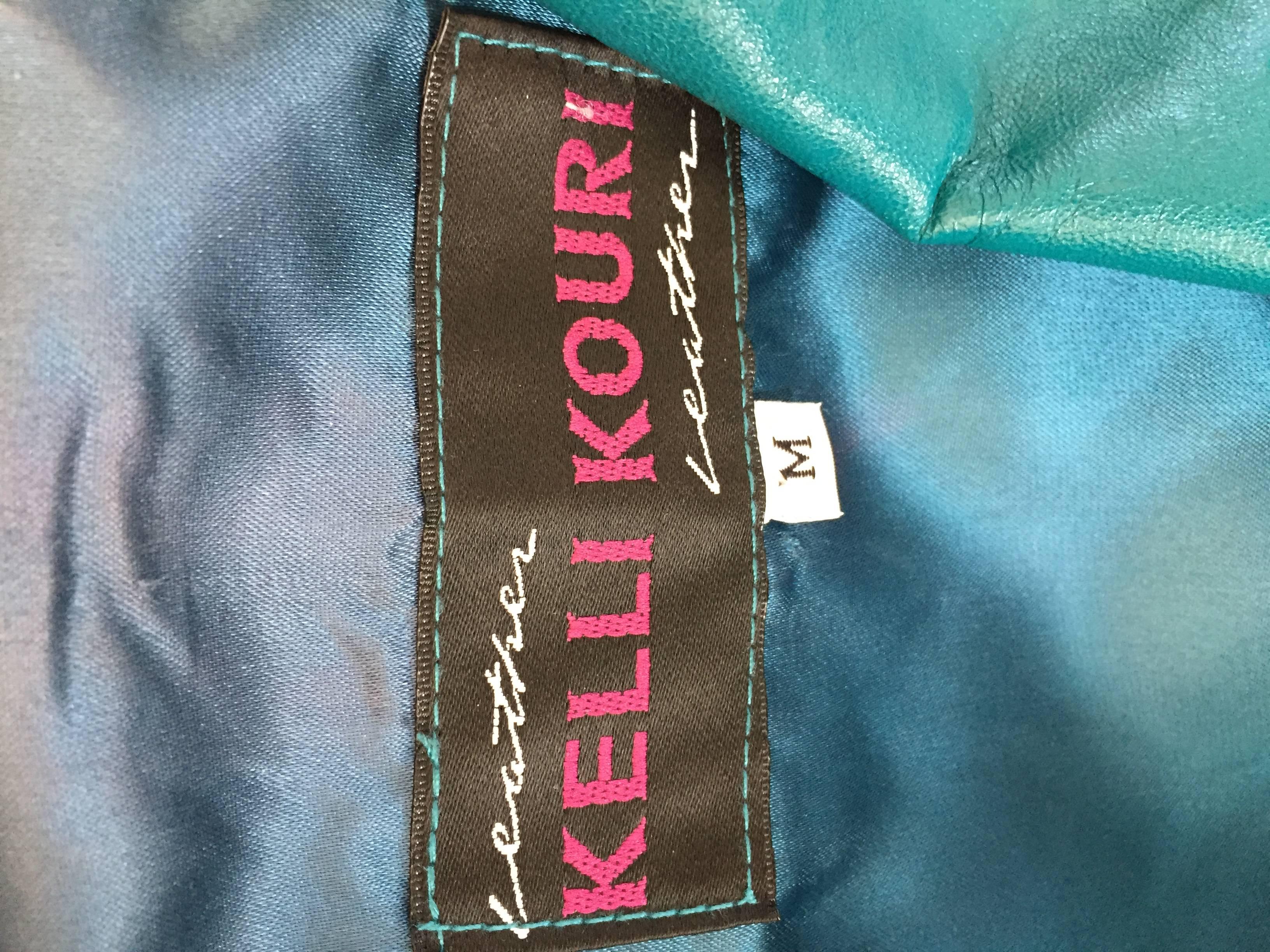 Avant Garde Kelli Kouri Leder Vintage Teal Blau + Schwarz Gekürzte Bolero Jacke 6