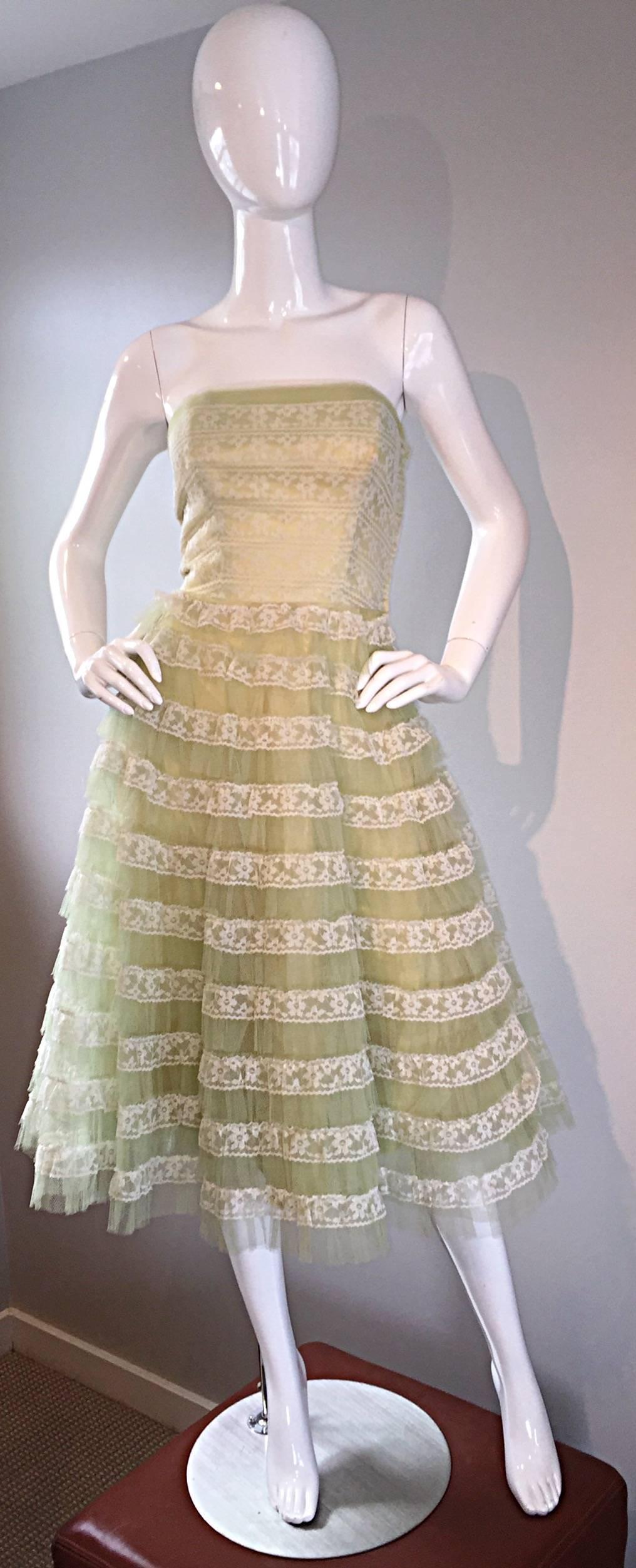 Beige Beautiful 1950s 50s Light Green Chantilly Lace Strapless Vintage Cocktail Dress