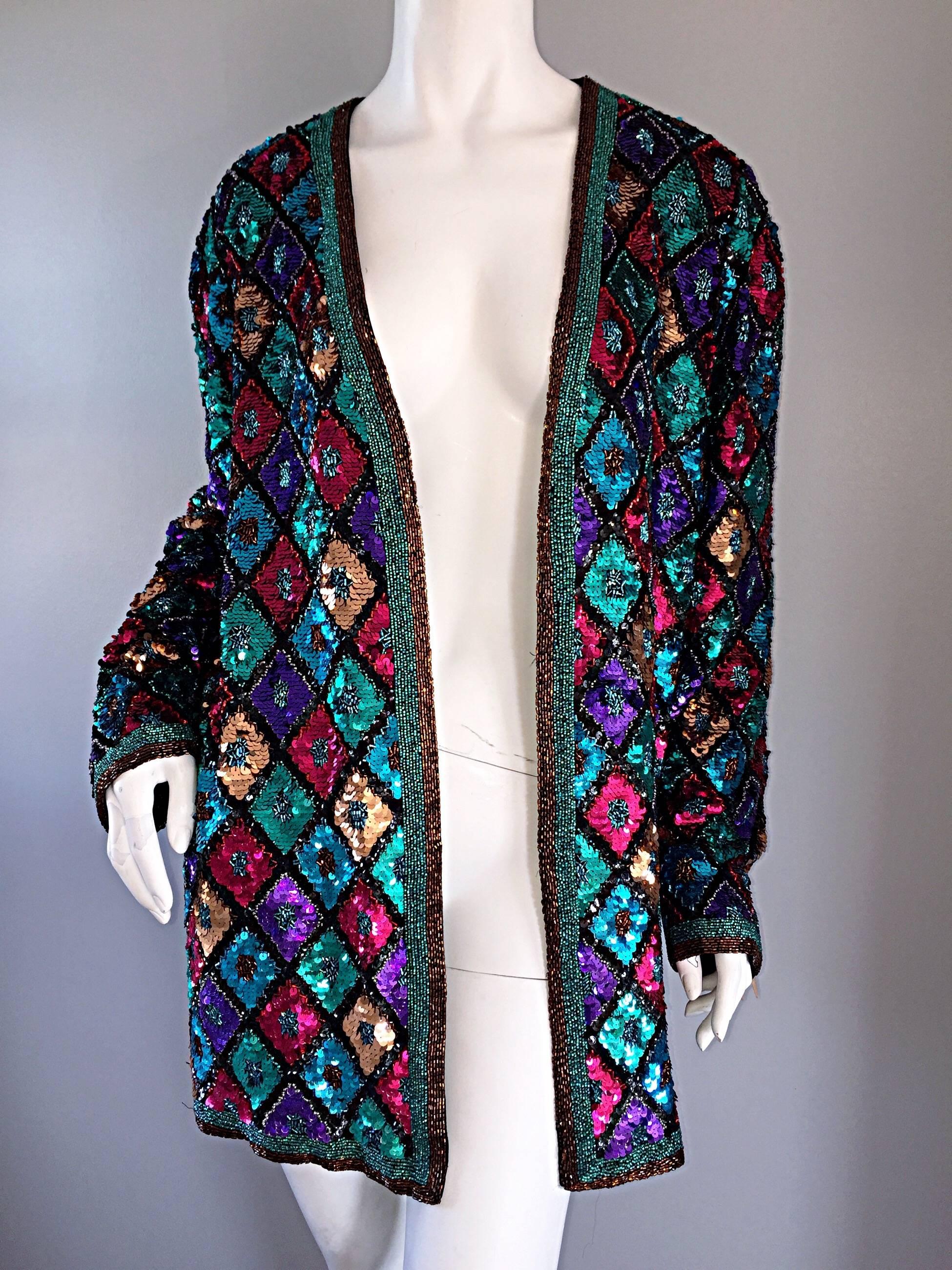 Vintage Oleg Cassini Sequined & Beaded Colorful Slouchy ' Stained Glass ' Jacket 2