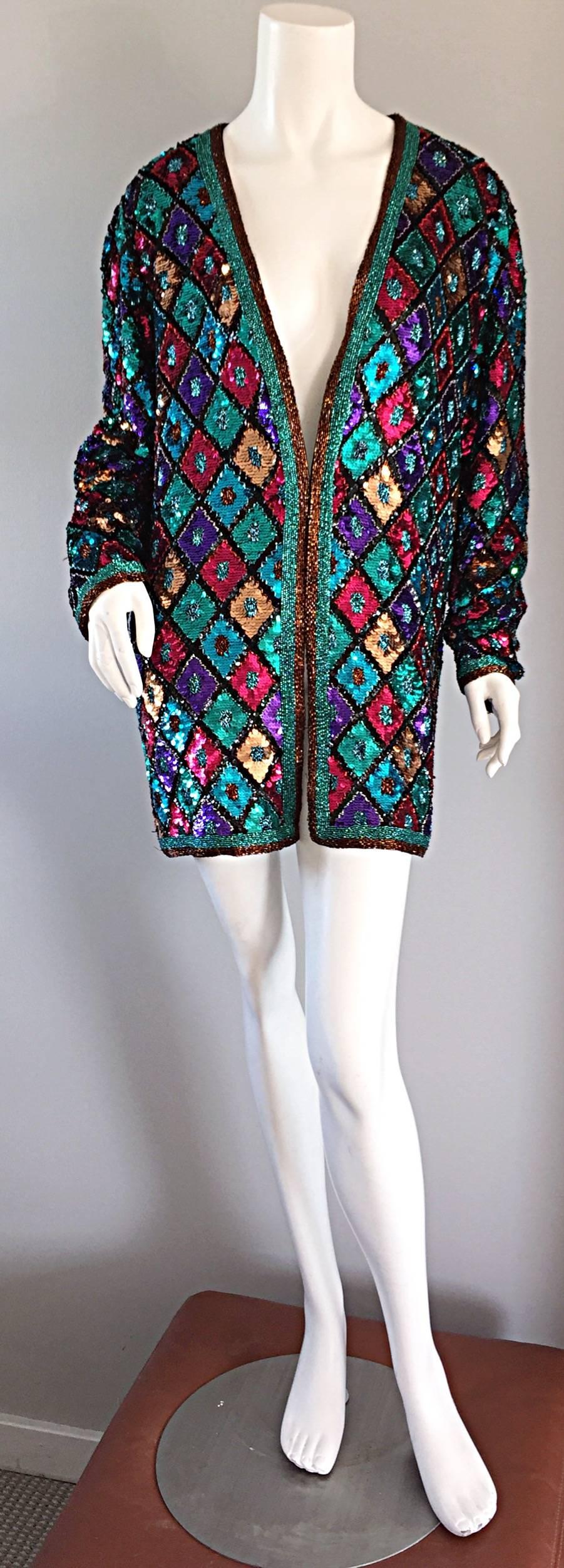 Vintage Oleg Cassini Sequined & Beaded Colorful Slouchy ' Stained Glass ' Jacket In Excellent Condition In San Diego, CA