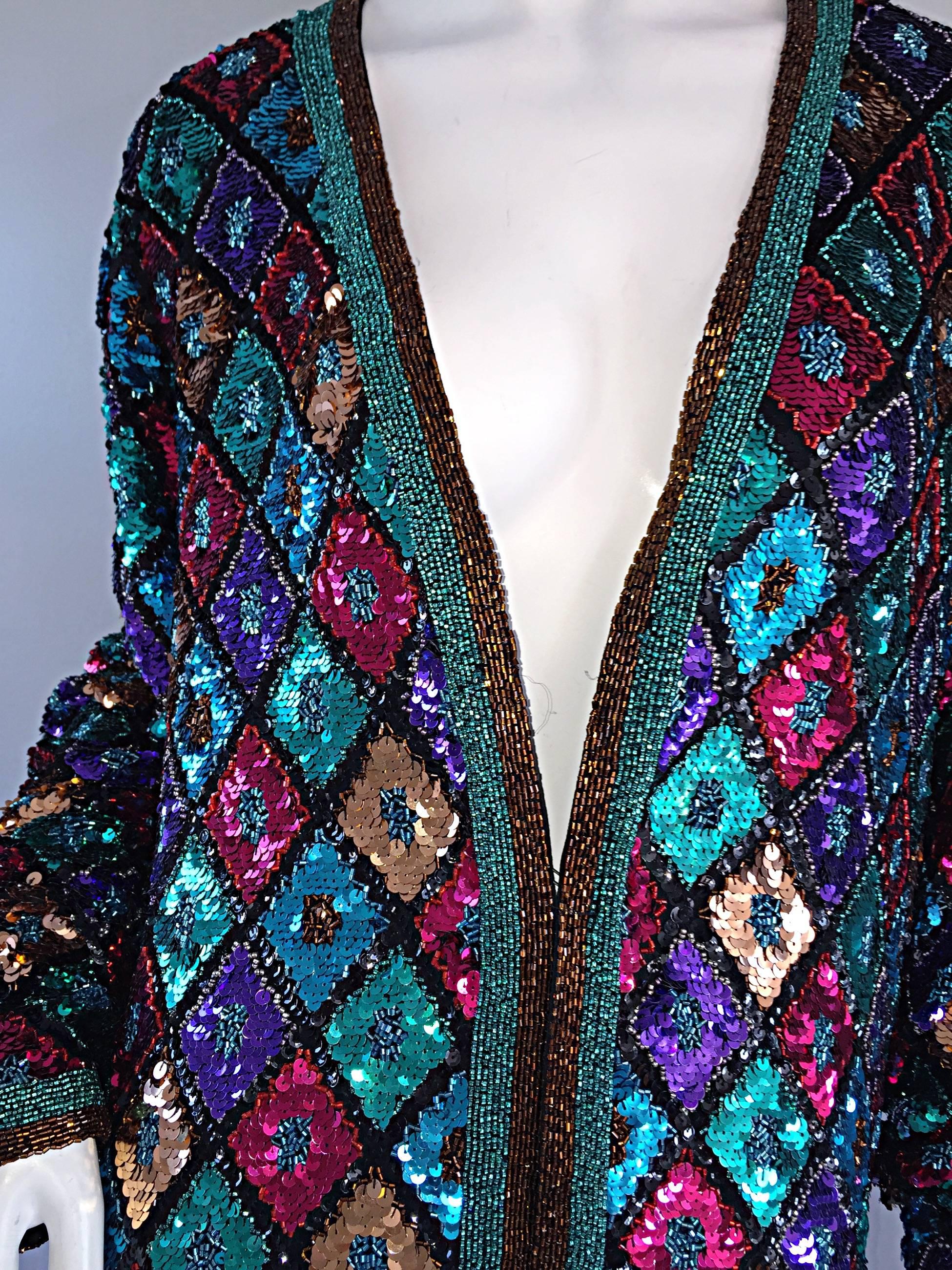 Vintage Oleg Cassini Sequined & Beaded Colorful Slouchy ' Stained Glass ' Jacket 6