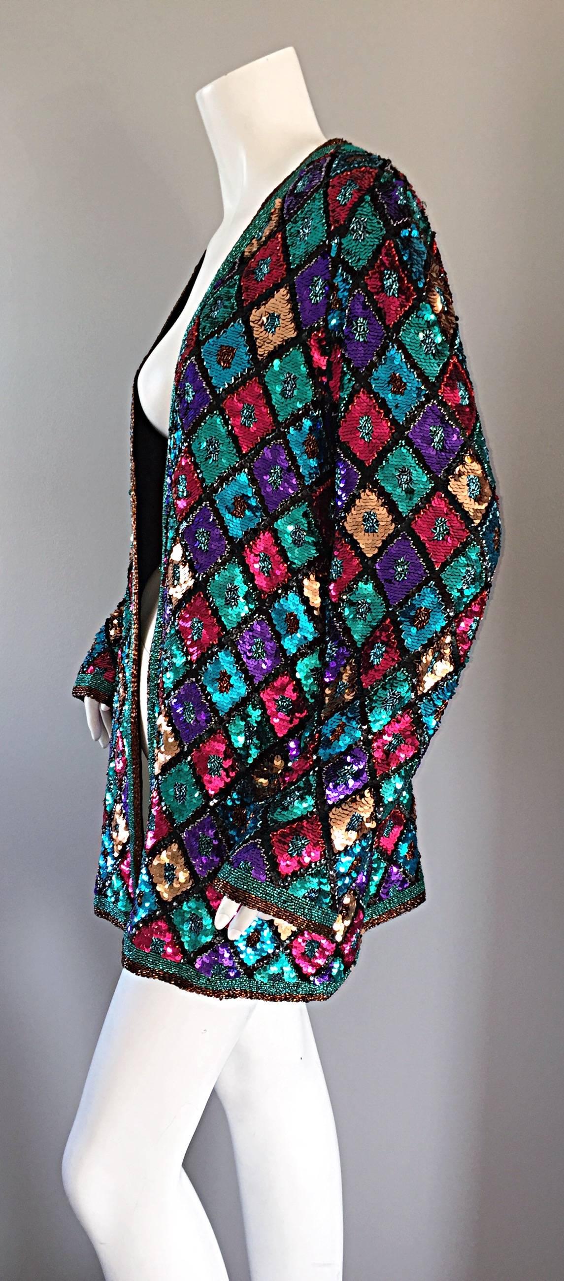 Vintage Oleg Cassini Sequined & Beaded Colorful Slouchy ' Stained Glass ' Jacket 3