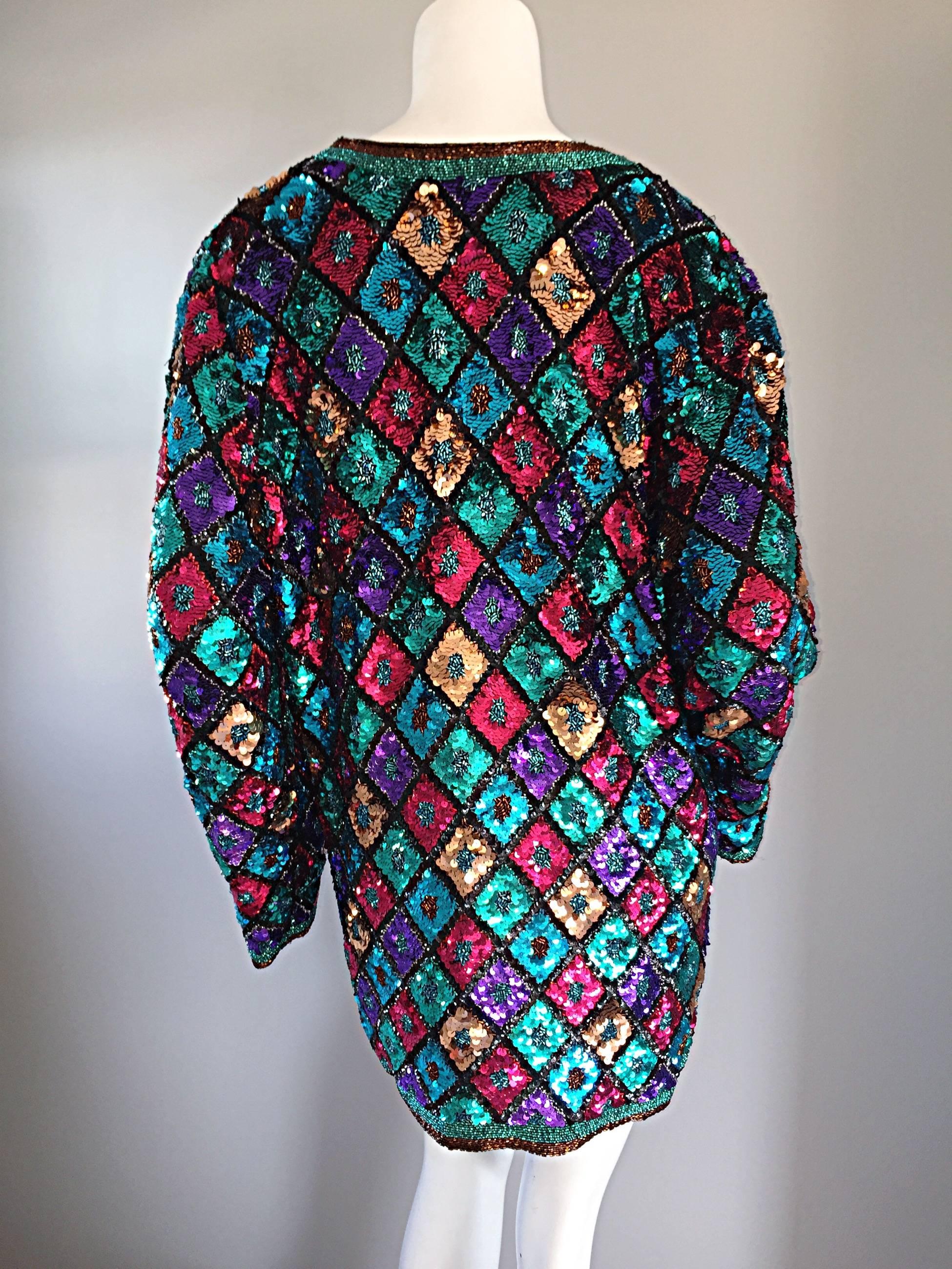 Vintage Oleg Cassini Sequined & Beaded Colorful Slouchy ' Stained Glass ' Jacket 4